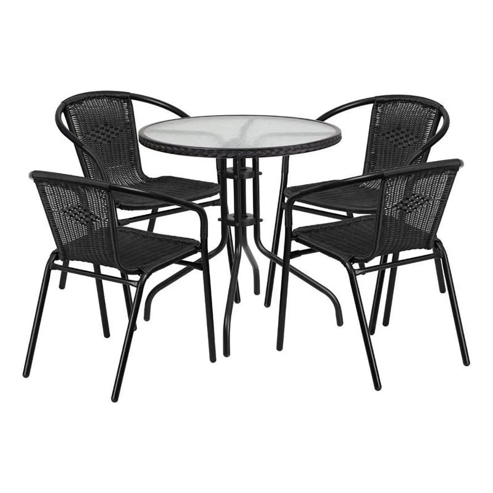 Bowery Hill 5 Piece Rattan/Glass Round Patio Dining Set in Black