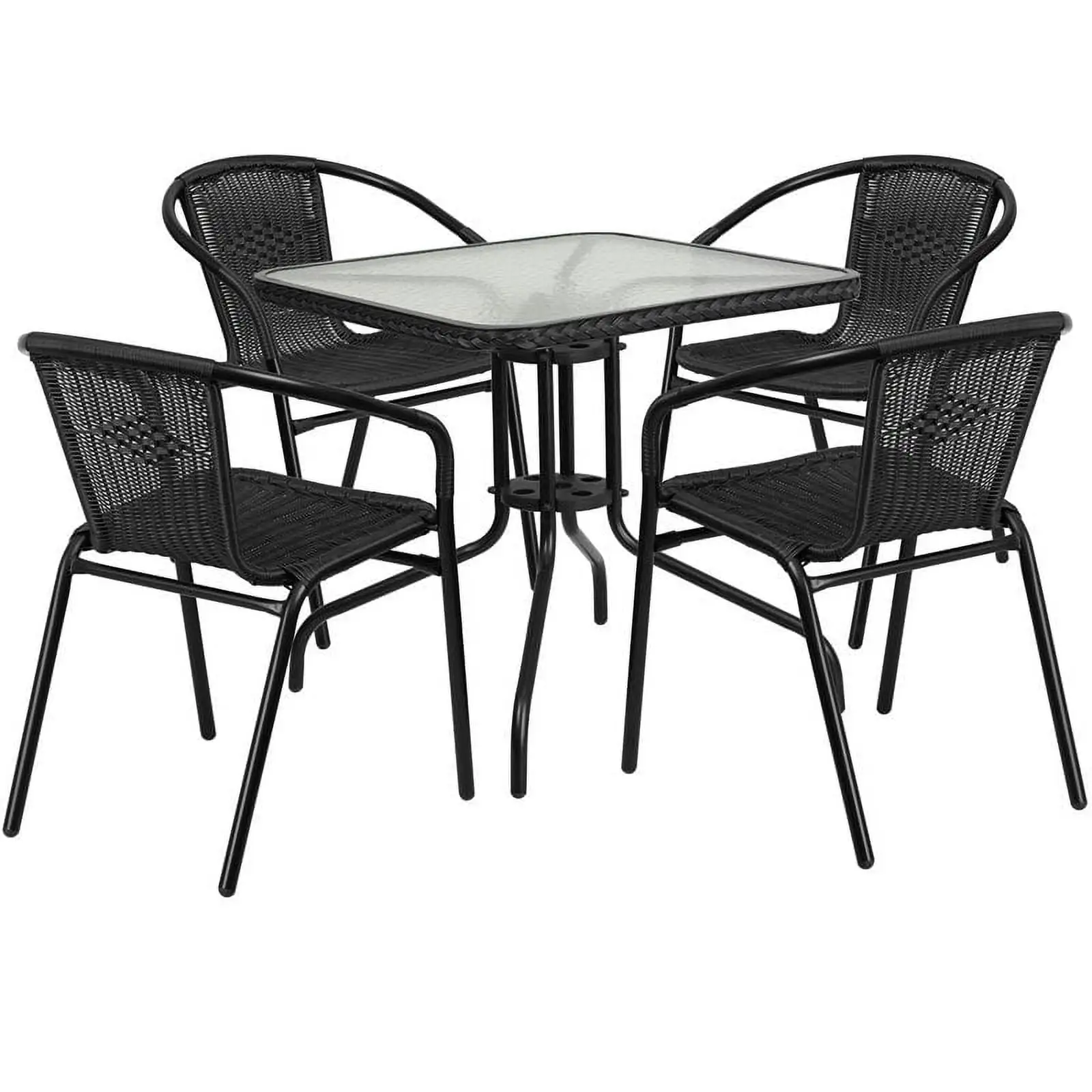 Bowery Hill 5 Piece Rattan/Glass Square Patio Dining Set in Black