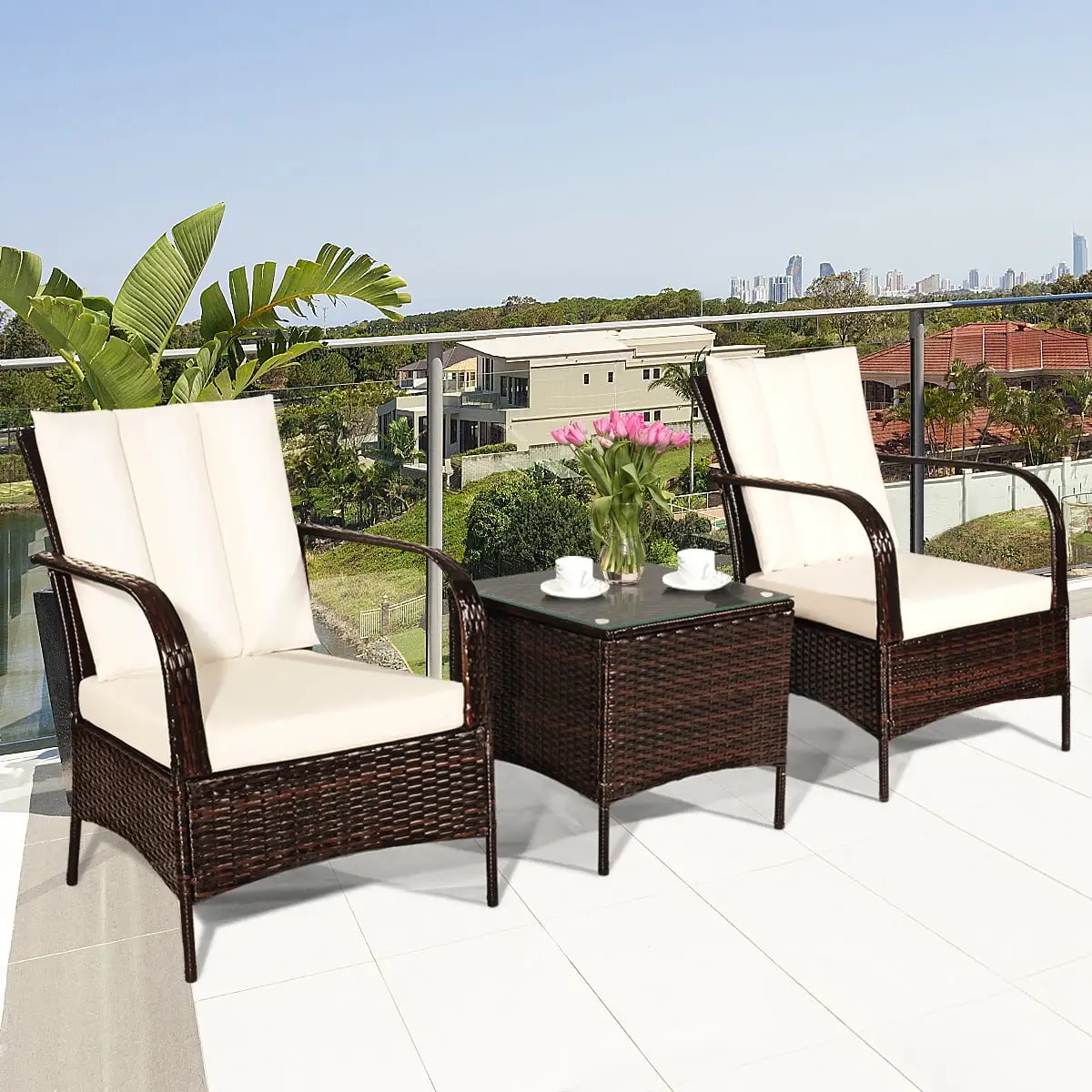 Boyel Living 3 Pcs Patio Conversation Set Rattan Furniture Set PE Rattan Chairs Set and Table. White