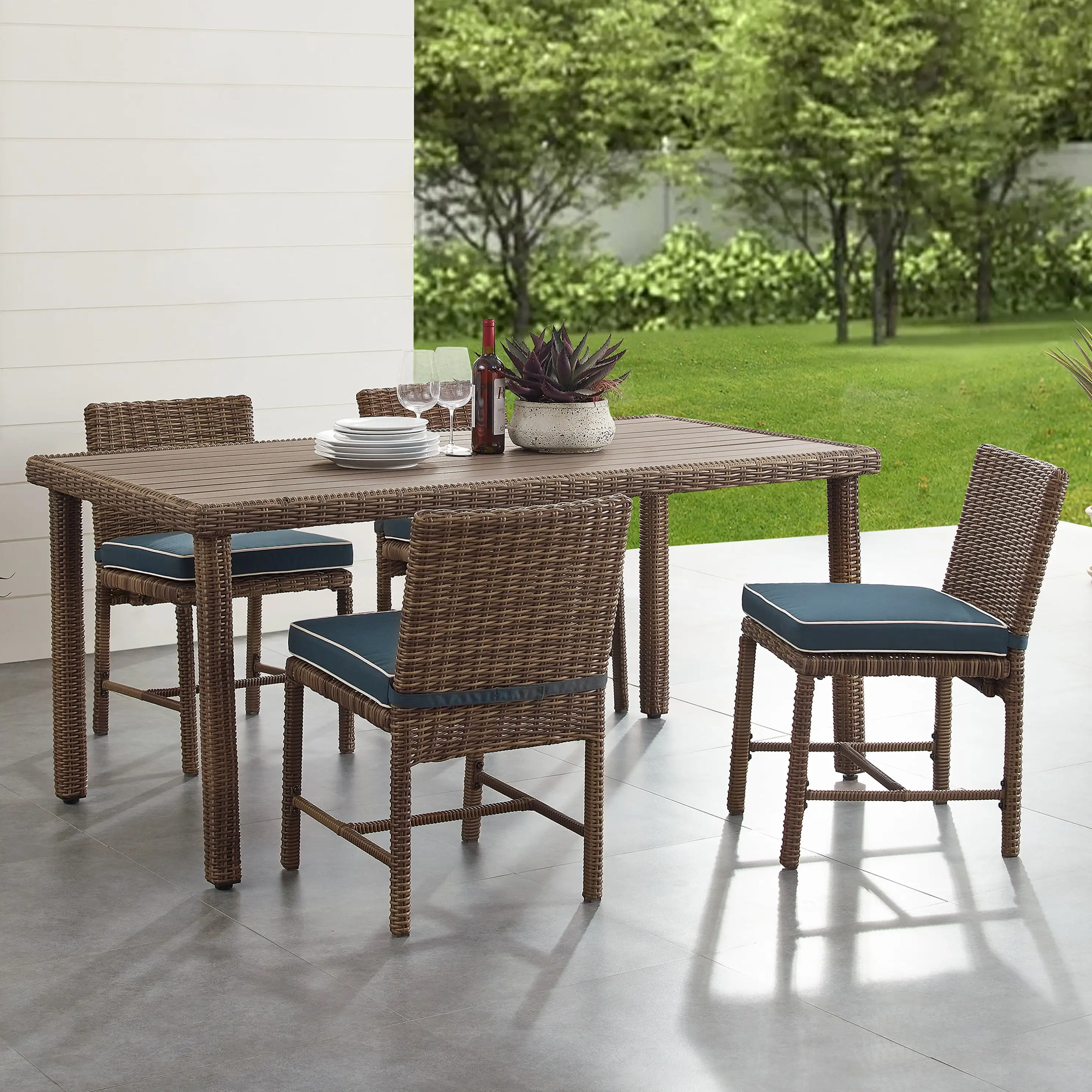 Bradenton 5Pc Outdoor Wicker Dining Set Navy/Weathered Brown - Dining Table & 4 Dining Chairs