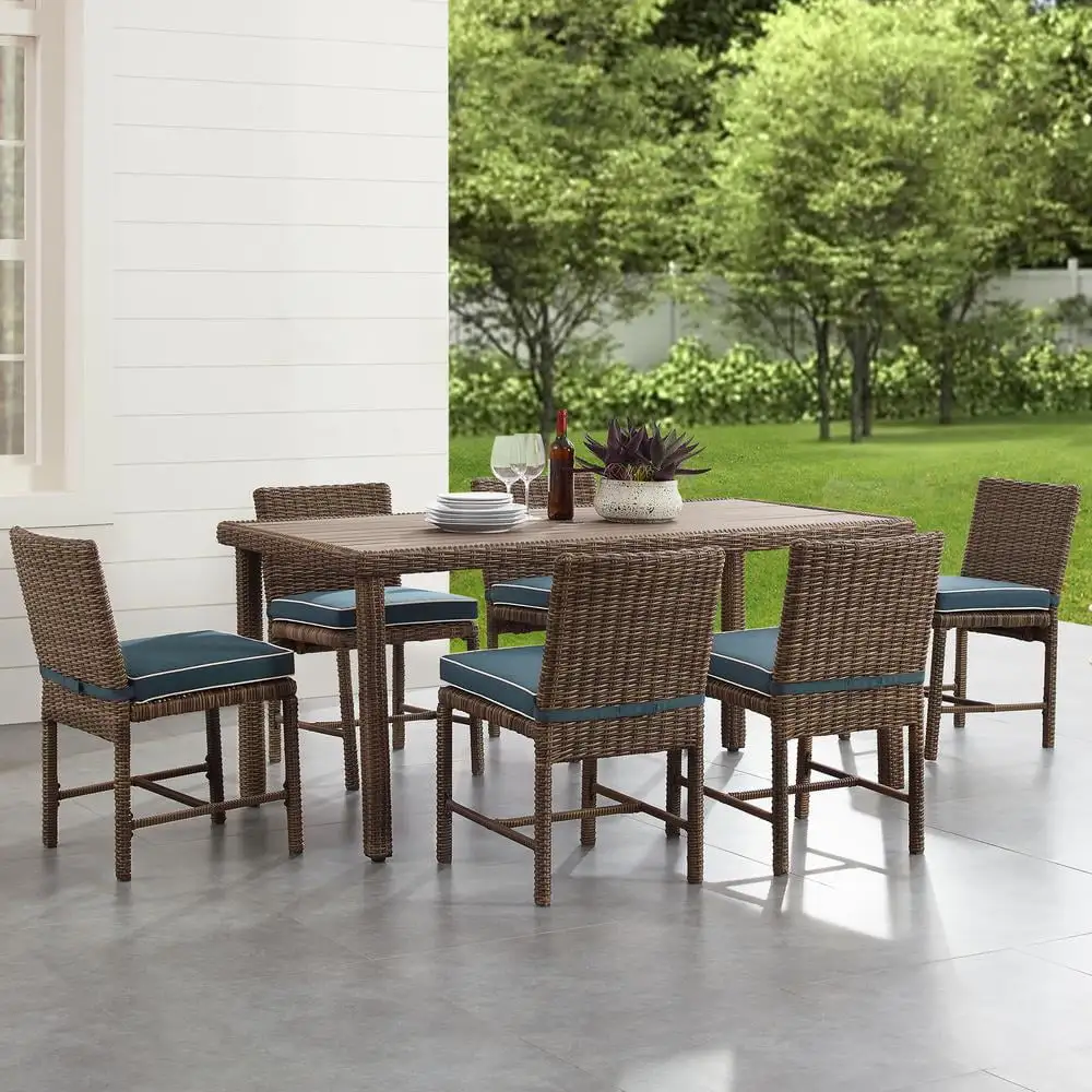 Bradenton 7Pc Outdoor Wicker Dining Set Navy/Weathered Brown - Dining Table & 6 Dining Chairs