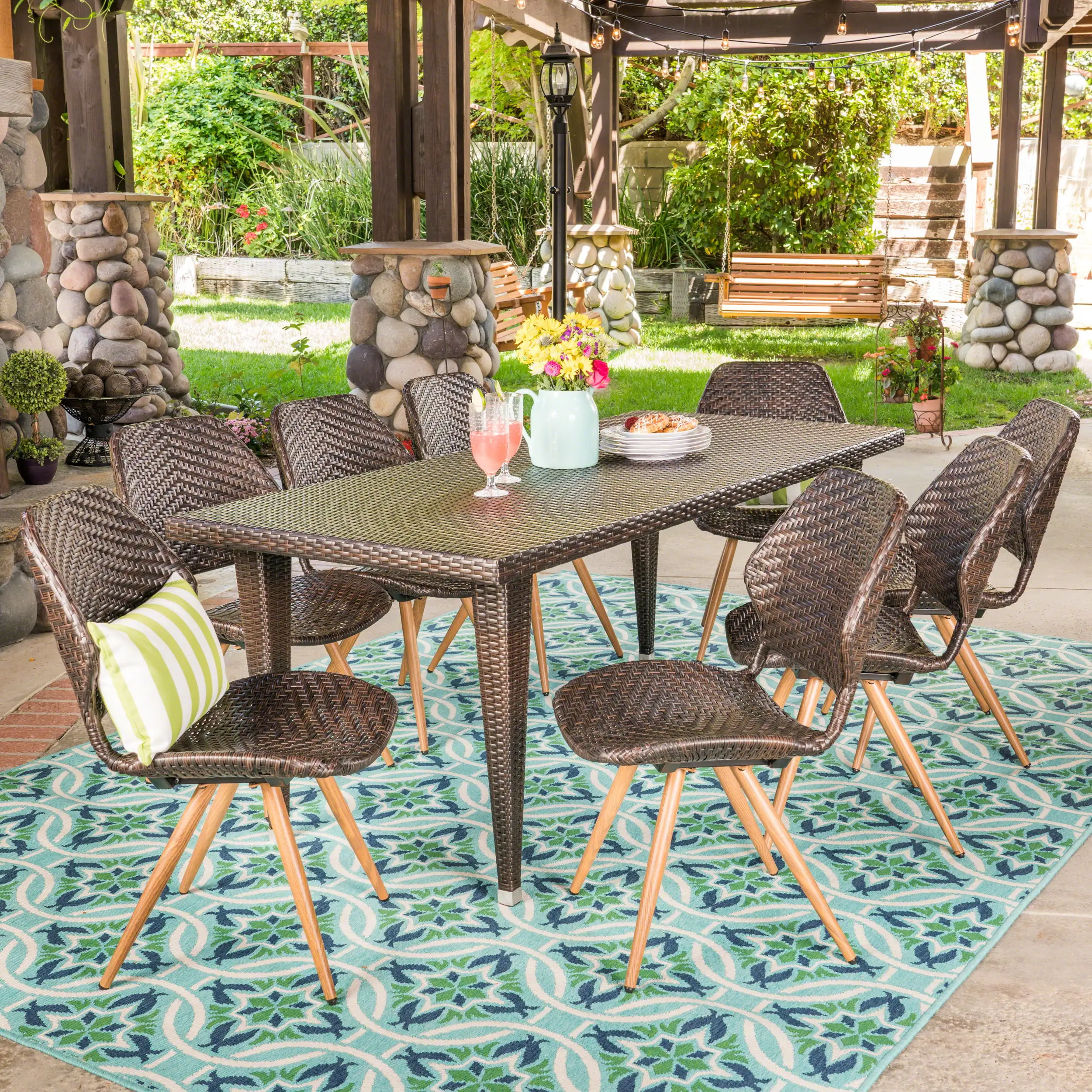 Brian Outdoor 7 Piece Wicker Dining Set. Multibrown