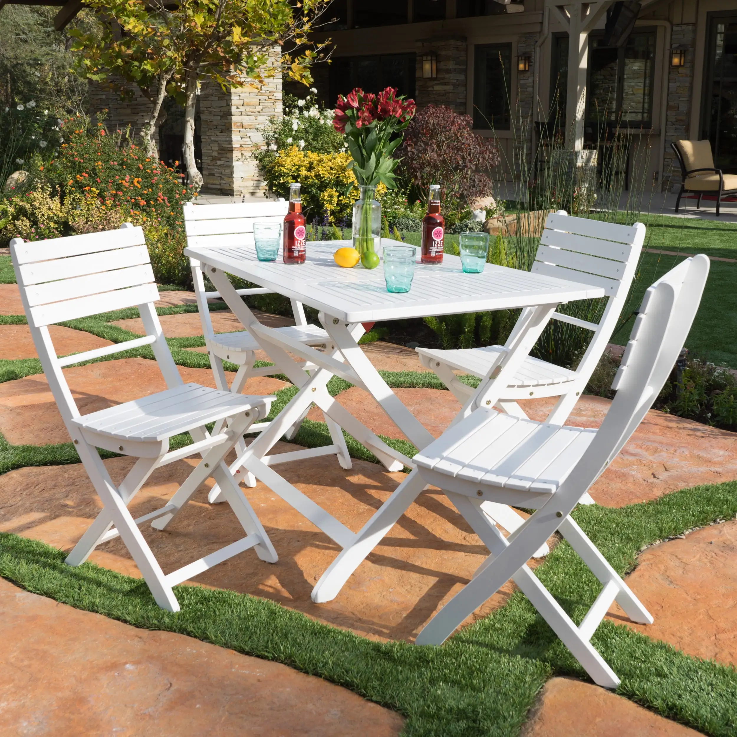 Bristle Outdoor Acacia Wood Foldable Dining Set. White Finish