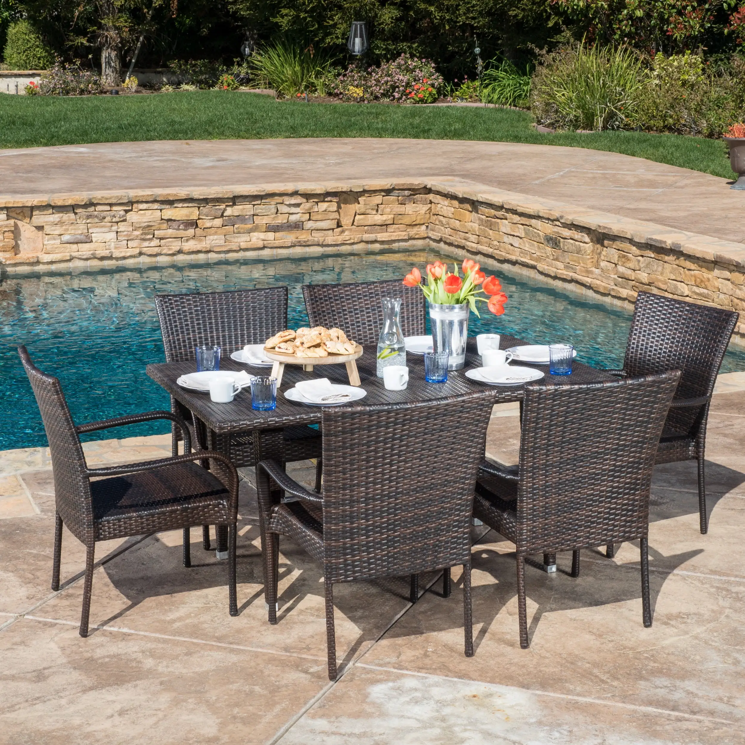 Brown Outdoor Wicker 7 Piece Dining Set