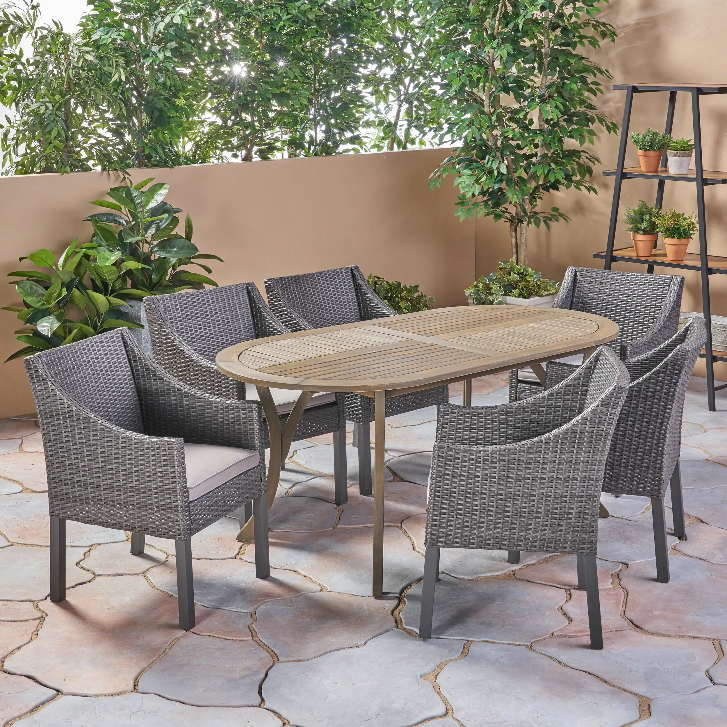 Bruno Outdoor 7 Piece Acacia Wood and Wicker Dining Set with Cushions. Gray. Gray. Silver