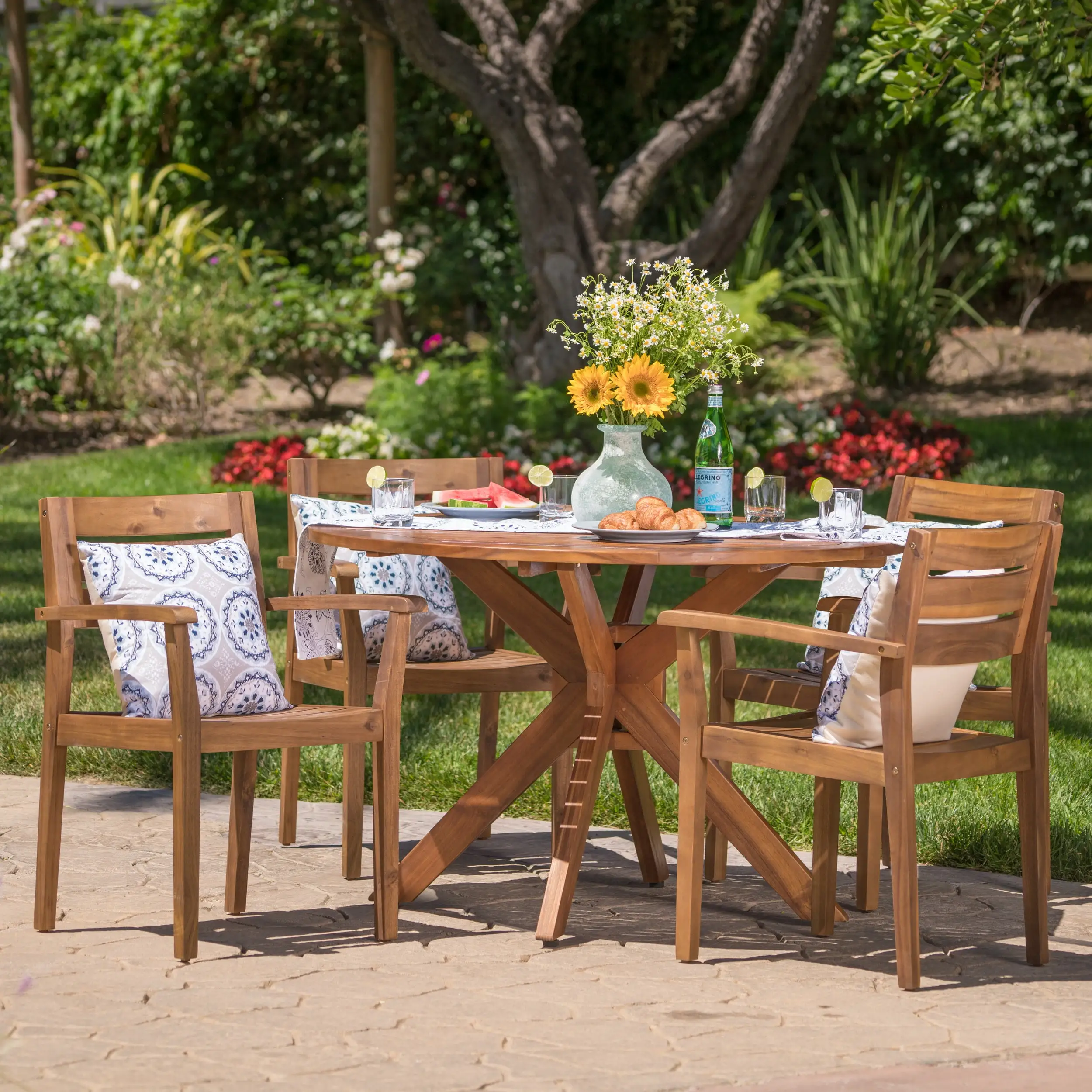 Burke Outdoor 5 Piece Acacia Wood Round Dining Set. Teak Finish