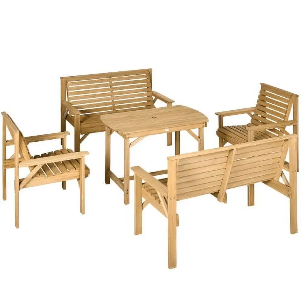 Buumin 5 Piece Wooden Patio Dining Set for 6. Outdoor Conversation Set with 2 Armchairs. 2 Loveseats. and Dining Table with Umbrella Hole for Backyard. Garden. Light Brown