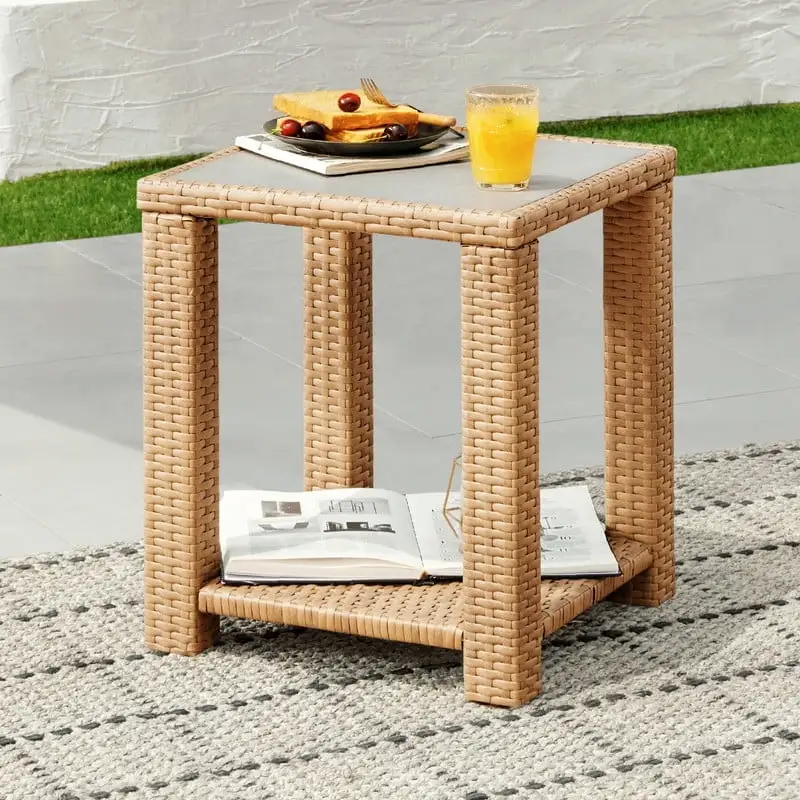 CHITA Outdoor Flat Wicker Side Table. Light Brown