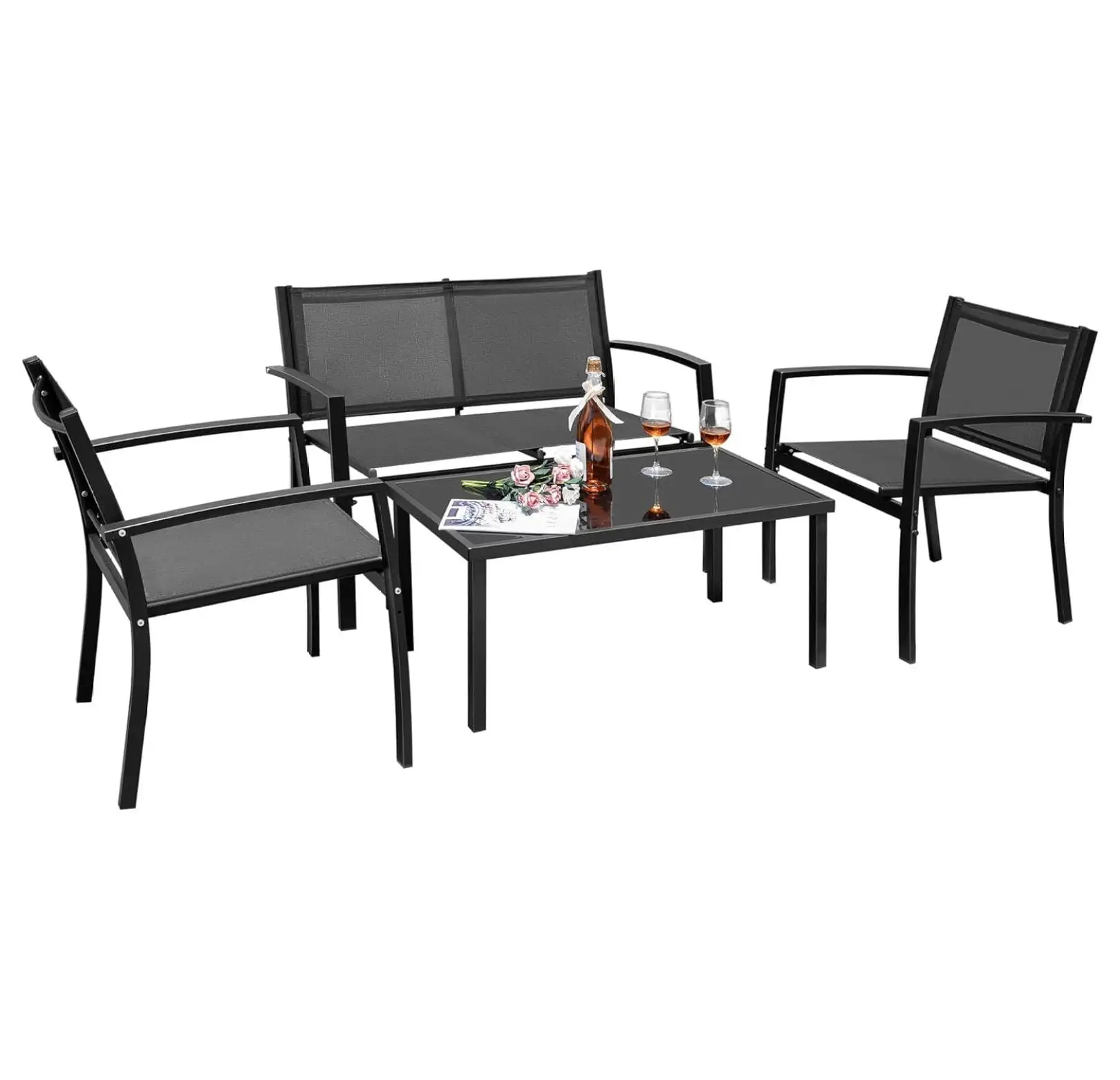 CLkPde 4 Pieces Outdoor Patio Furniture Textilene Modern Conversation Black Bistro Set with Loveseat Tea Table for Home. Lawn and Balcony