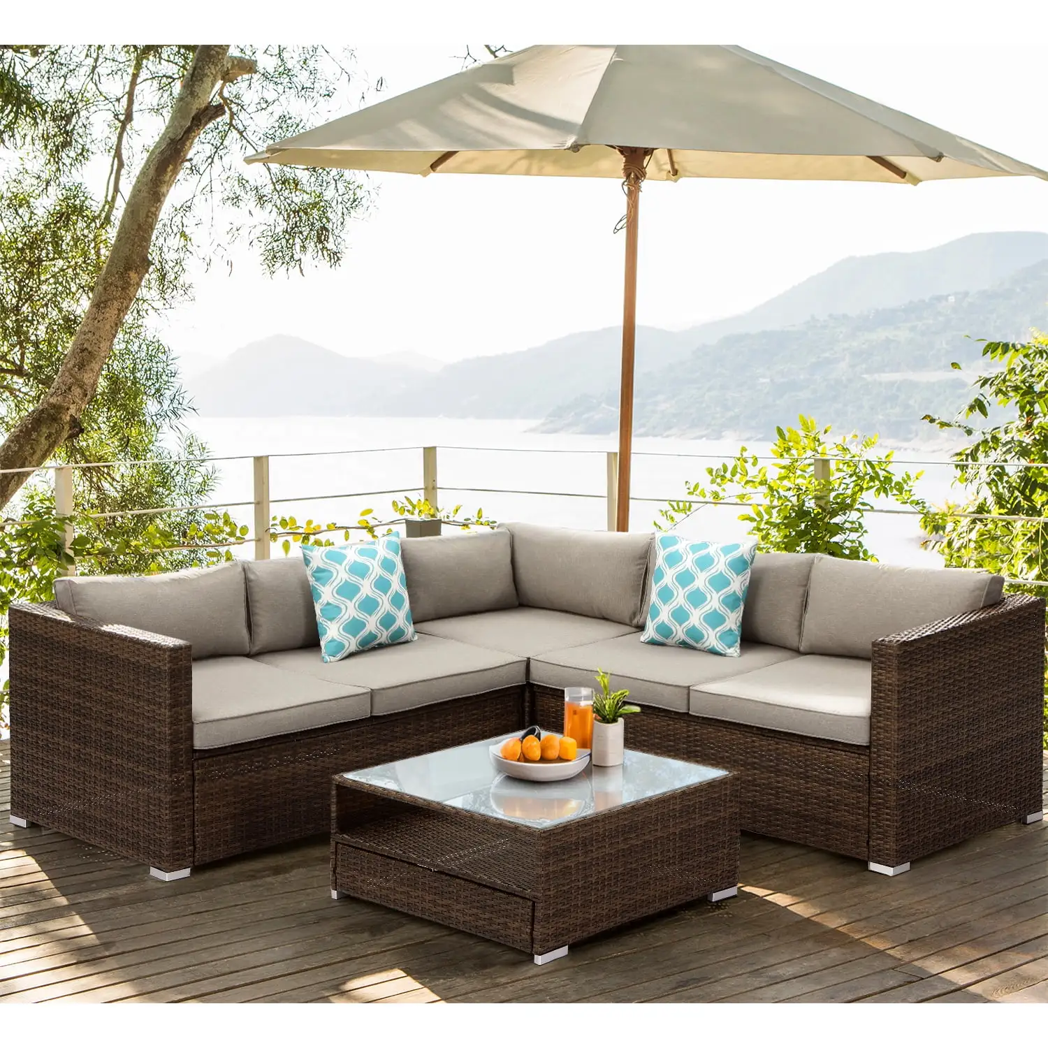 COSIEST 4-Piece Outdoor Patio Furniture Brown Wicker Frame Sectional Sofa Chair Set with Pillows