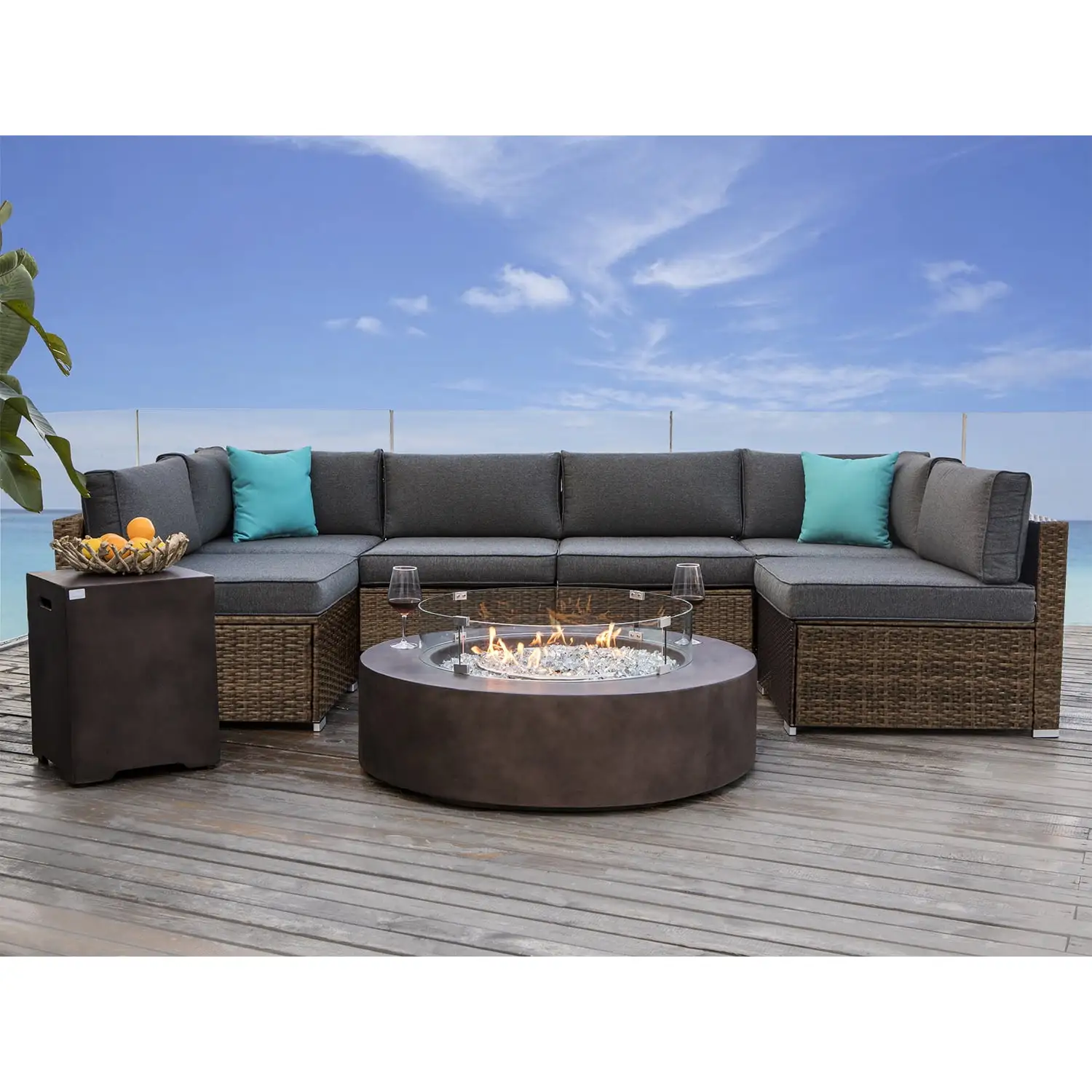 COSIEST 9 Piece Modern Propane Firepit Table Wicker Sectional Sofa w Round Bronze Fire Table. Wind Guard .Tank .for Garden. Backyard