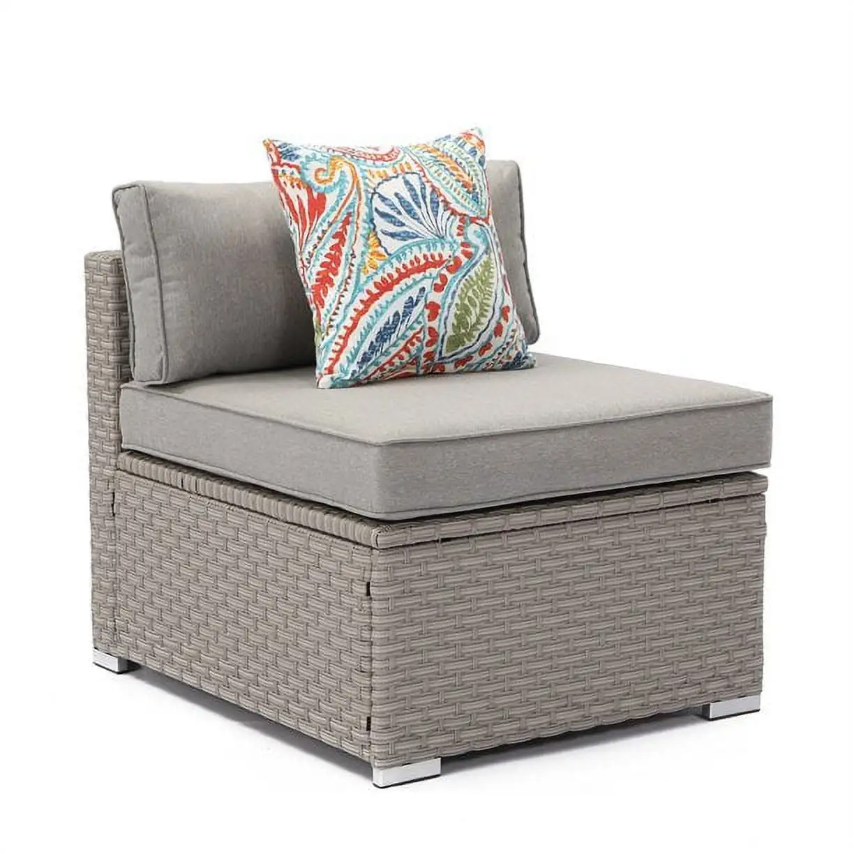 COSIEST Outdoor Wicker Armless Chair with Gray Cushions. Floral Fantasy Pillow