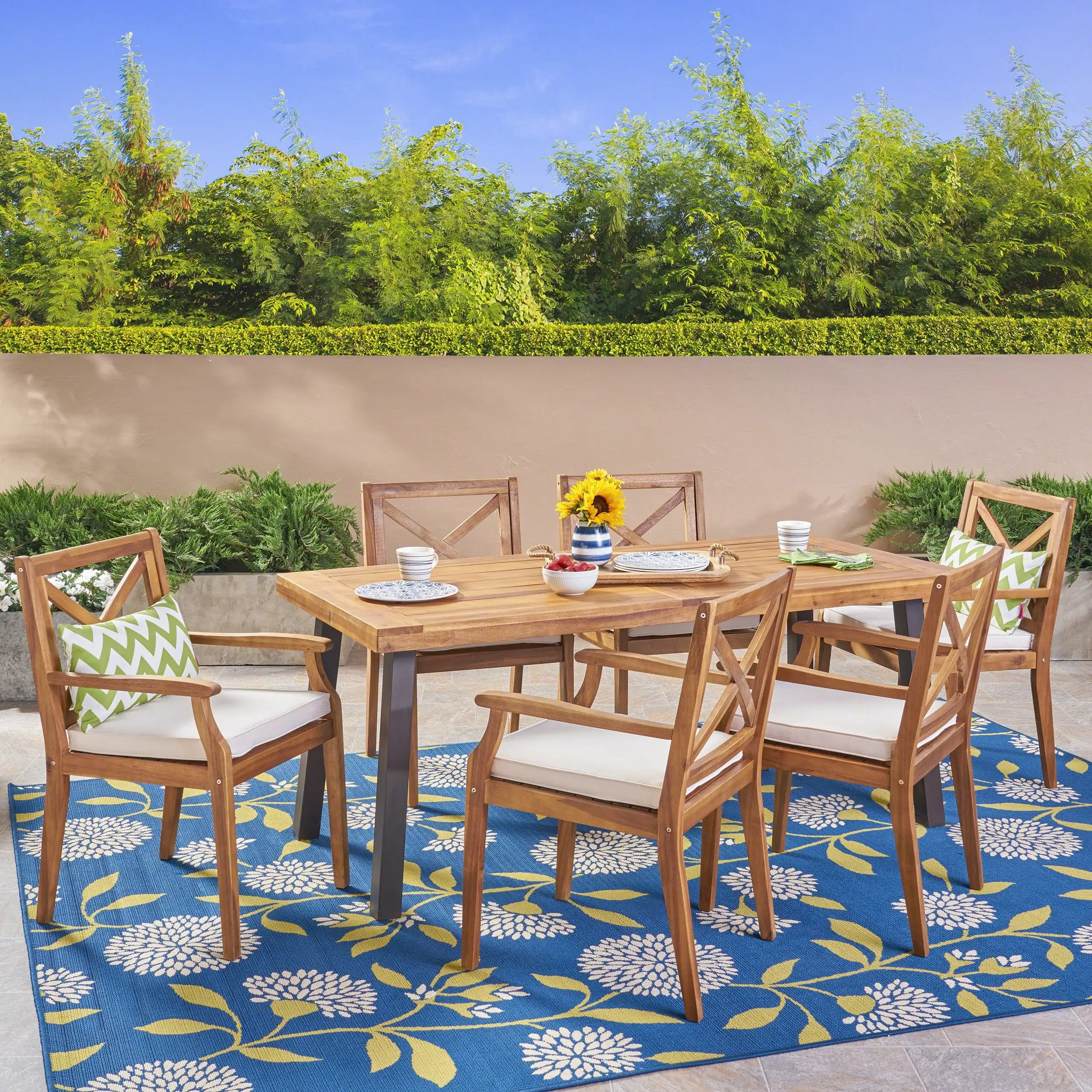 Cali Outdoor 7 Piece Acacia Wood Rectangular Dining Set with Cushions. Teak. Cr??me