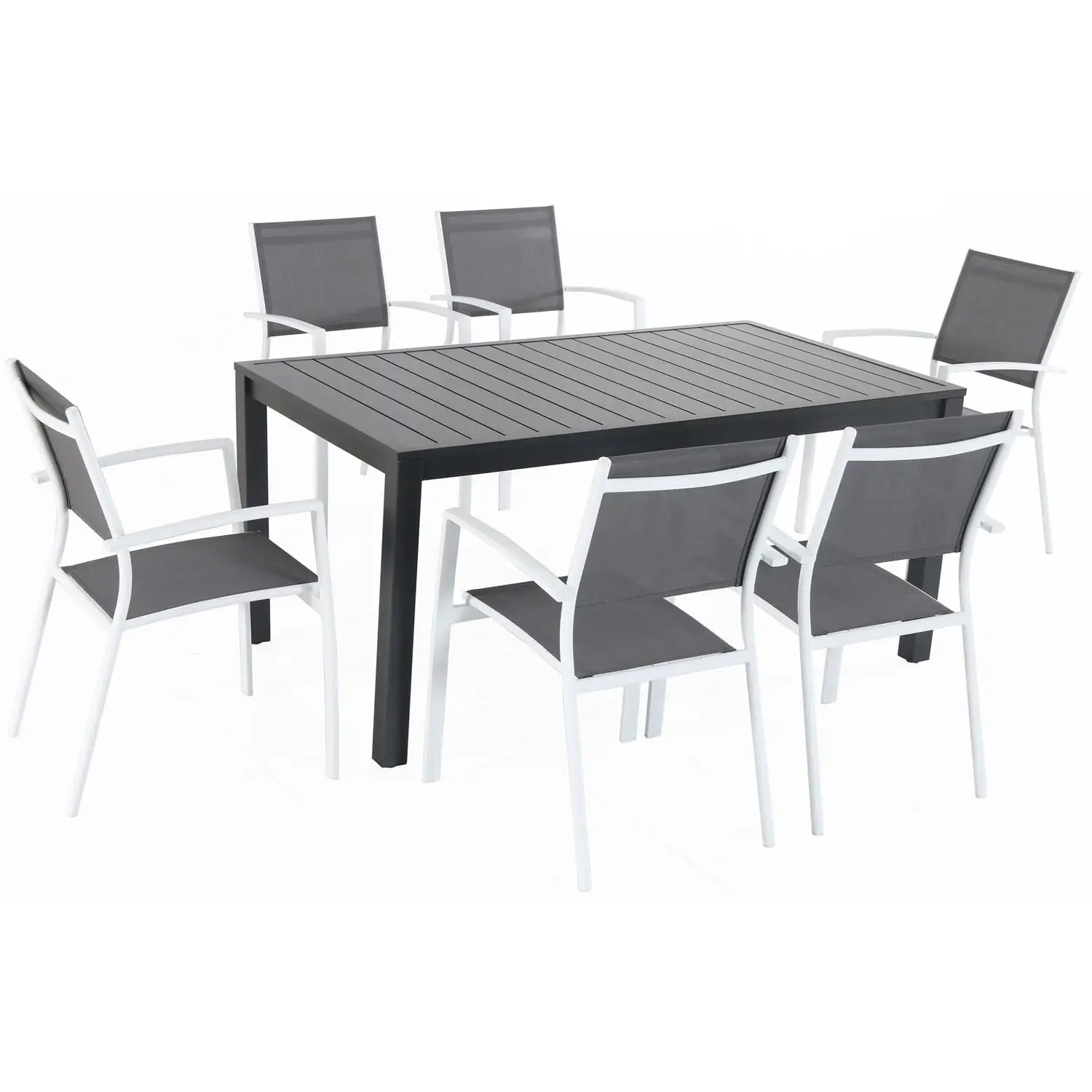 Cambridge Nova 7-Piece Outdoor Dining Set w 6 Sling Chairs in Gray/White and a 63 W x 35 L Table