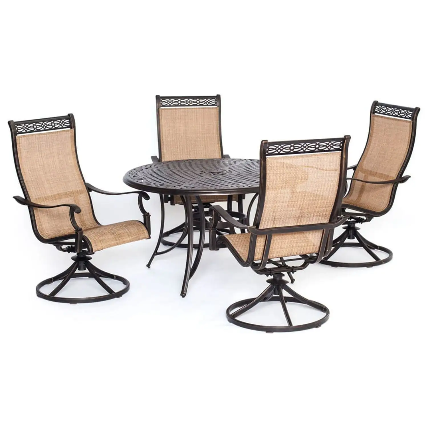 Cambridge Outdoor Legacy Seats 4 5-Piece Aluminum Dining Set with Four Swivel Rockers. Tan