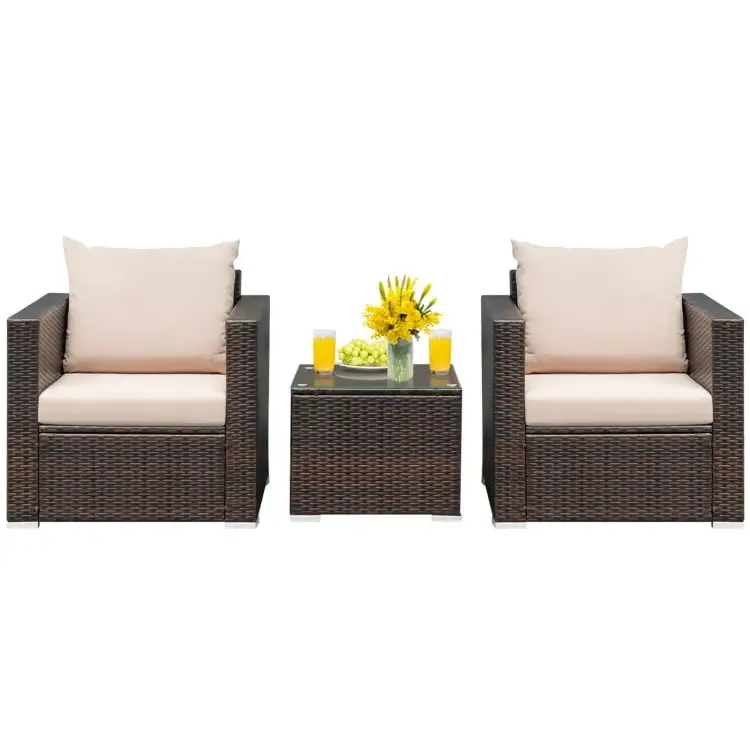 Canddidliike 3 Pcs Patio Rattan Furniture Bistro Sofa Set. Outdoor Furniture Garden Conversation Bistro Sets with Coffee Table and Cushions-Beige