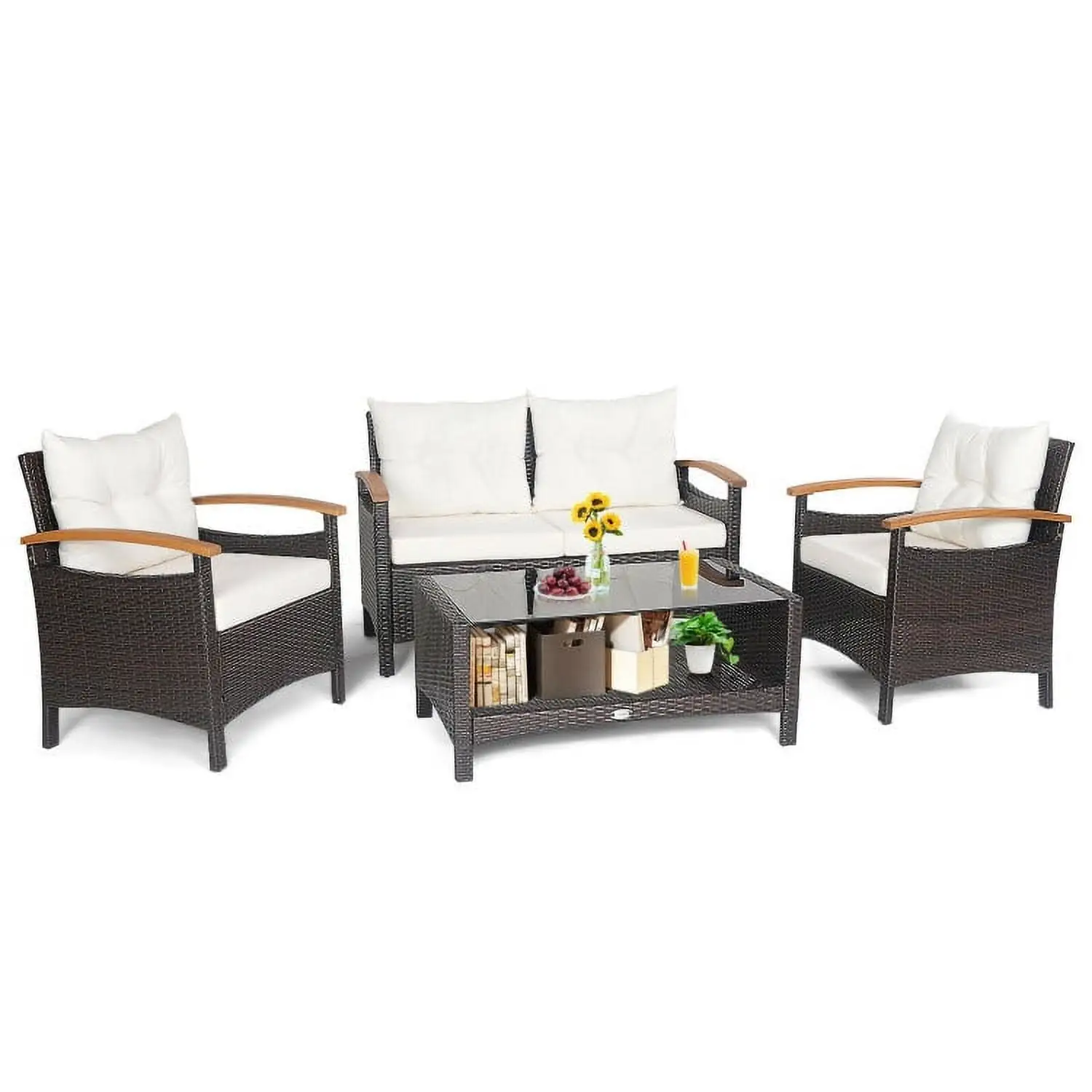 Canddidliike 3 Pieces Patio Wicker Furniture Sett with Storage Table and Protective Cover-Off Red