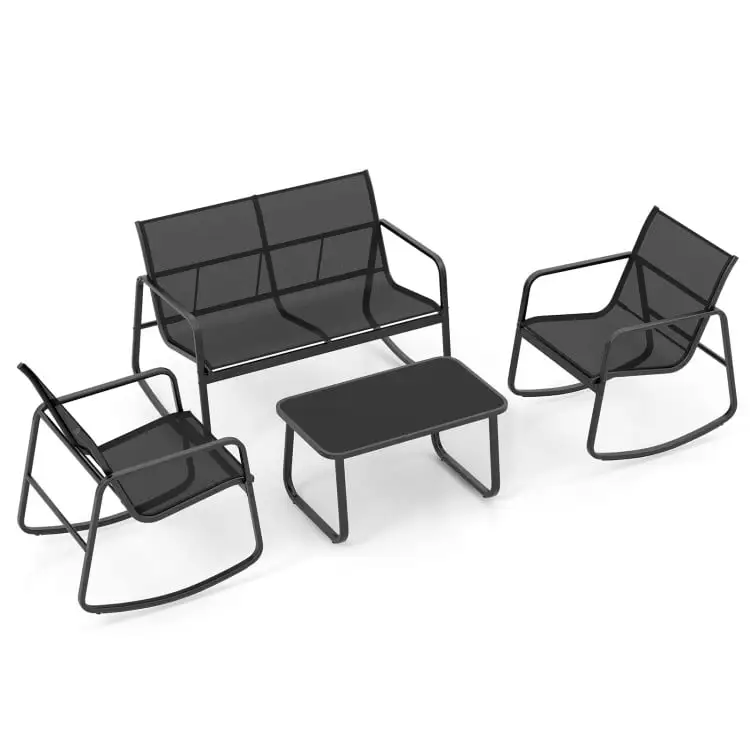 Canddidliike 4 Piece Patio Rocking Sett. Outdoor Patio Furniture Set with Glass-Top Table-Black