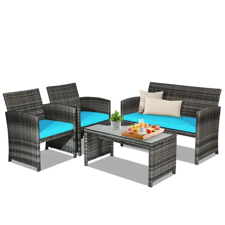 Canddidliike 4 Pieces Patio Rattan Furniture Set. Outdoor Patio Furniture with Cushions-Turquoise