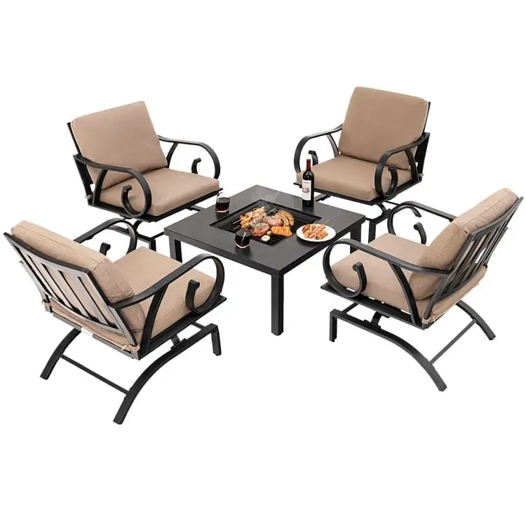 Canddidliike 5 Pieces Patio Rocking Chairs and 4-in-1 Fire Pit Table with Fire Poker