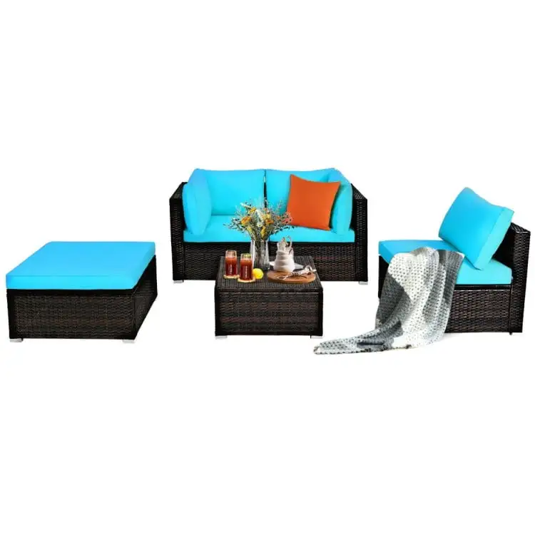 Canddidliike Patio Furniture Sets. 5 Pieces Patio Rattan Sectional Conversation Ottoman Furniture Set-Blue. Wicker Sofa Small Patio Conversation Couch for Garden. Poolside