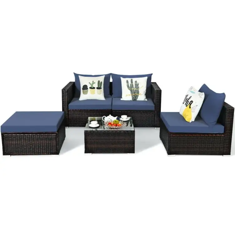 Canddidliike Patio Furniture Sets. 5 Pieces Patio Rattan Sectional Furniture Set with Cushions and Coffee Table -Navy. Wicker Sofa Small Patio Conversation Couch for Garden. Poolside