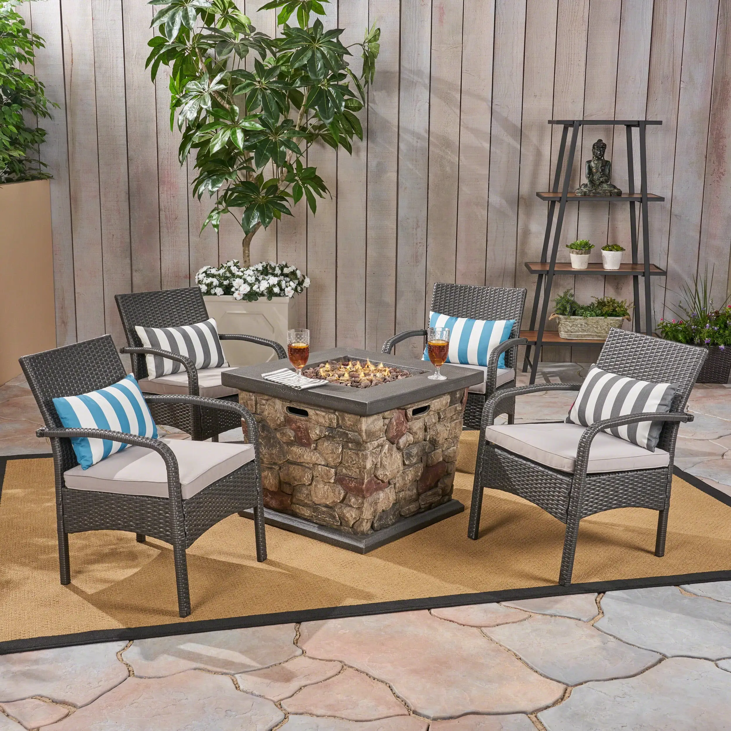 Capitan Outdoor 5 Piece Wicker Chat Set with Stone Finished Fire Pit. Gray. Silver. Stone