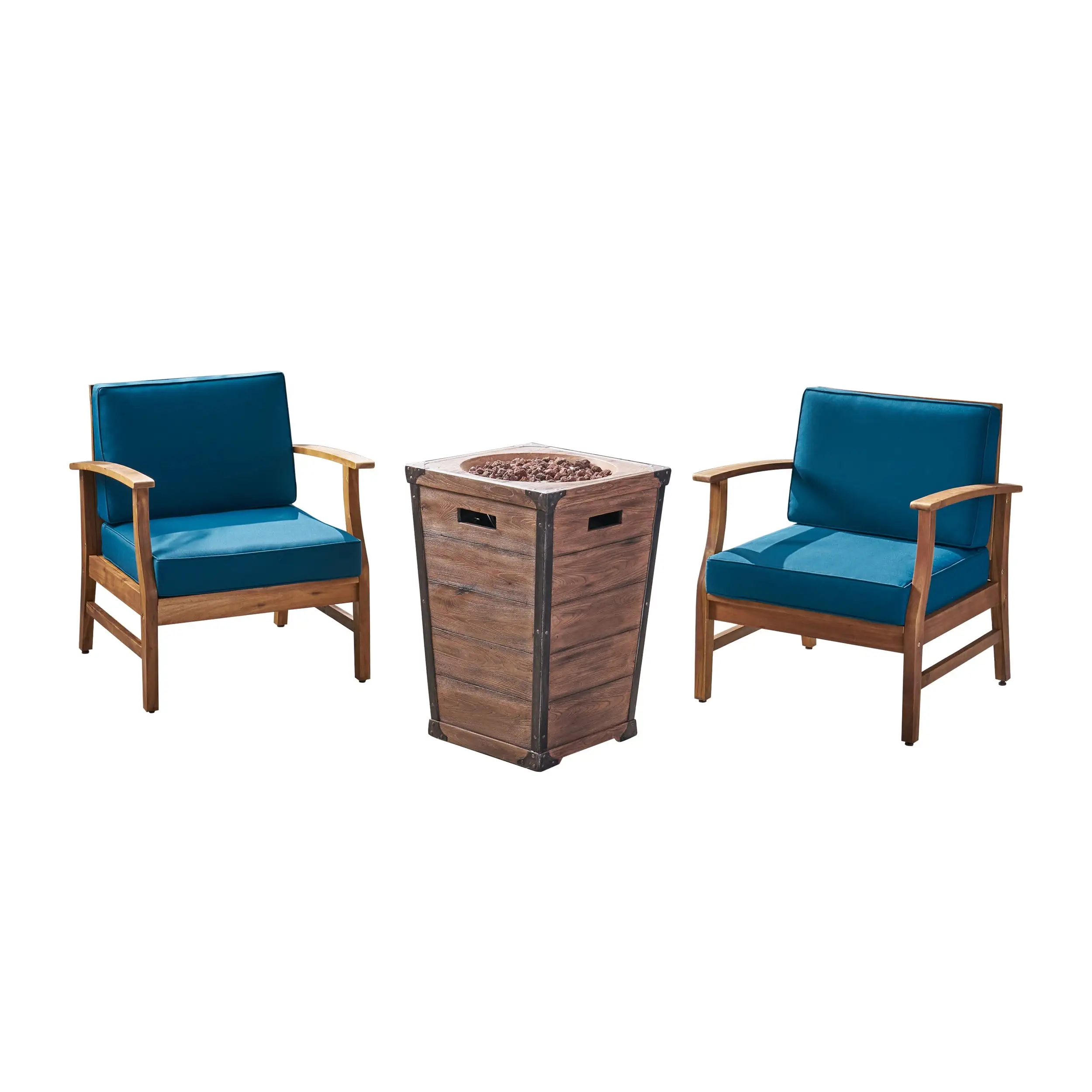 Capri Outdoor 2 Piece Acacia Wood Club Chair Set with Fire Column