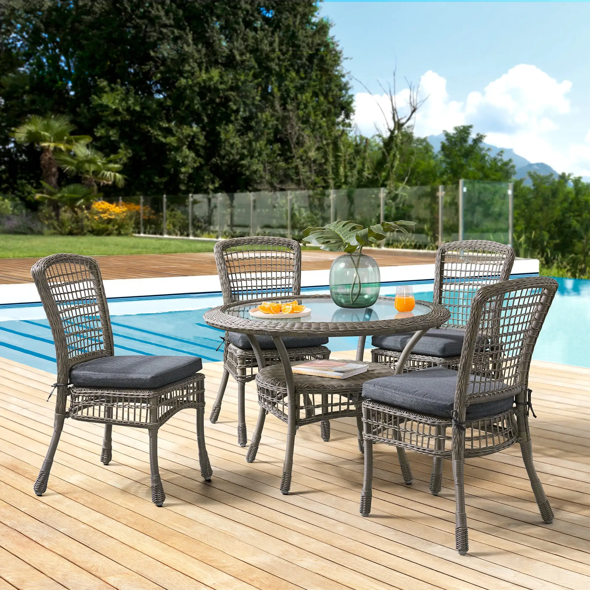 Carolina All-Weather Wicker Dining 5-Piece Dining Set with 42 Diameter Outdoor Dining Table and Four 37H Chairs