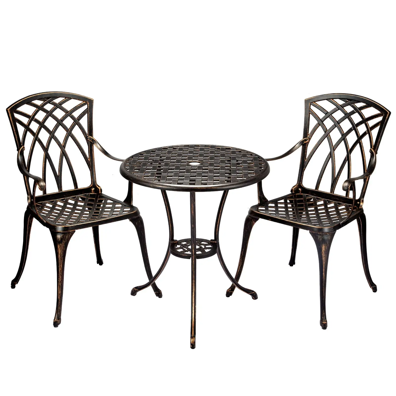 Cast Aluminum Patio Bistro Set with Umbrella Hole. 3 Piece Outdoor Bistro Set Rust-Resistant. Patio Table and Chairs. Outdoor/Indoor Use. for Garden.Backyard. Patio Balcony. Bronze