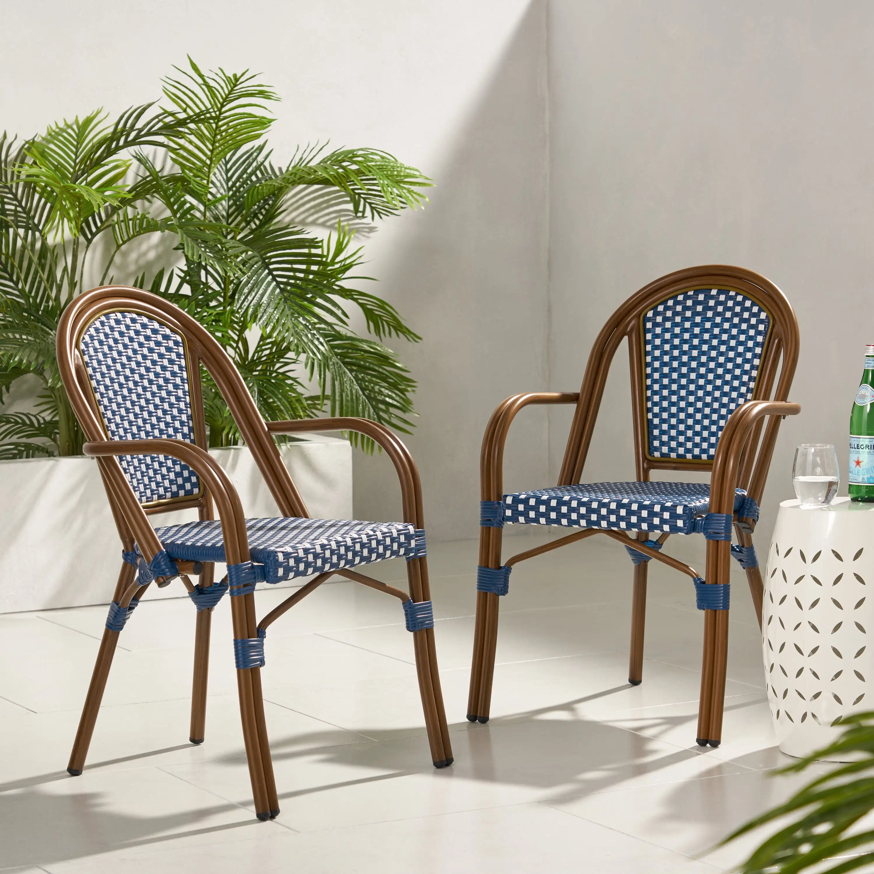 Cecil Aluminum and Wicker Outdoor French Bistro Chairs. Set of 2. Navy Blue. White. and Brown Wood