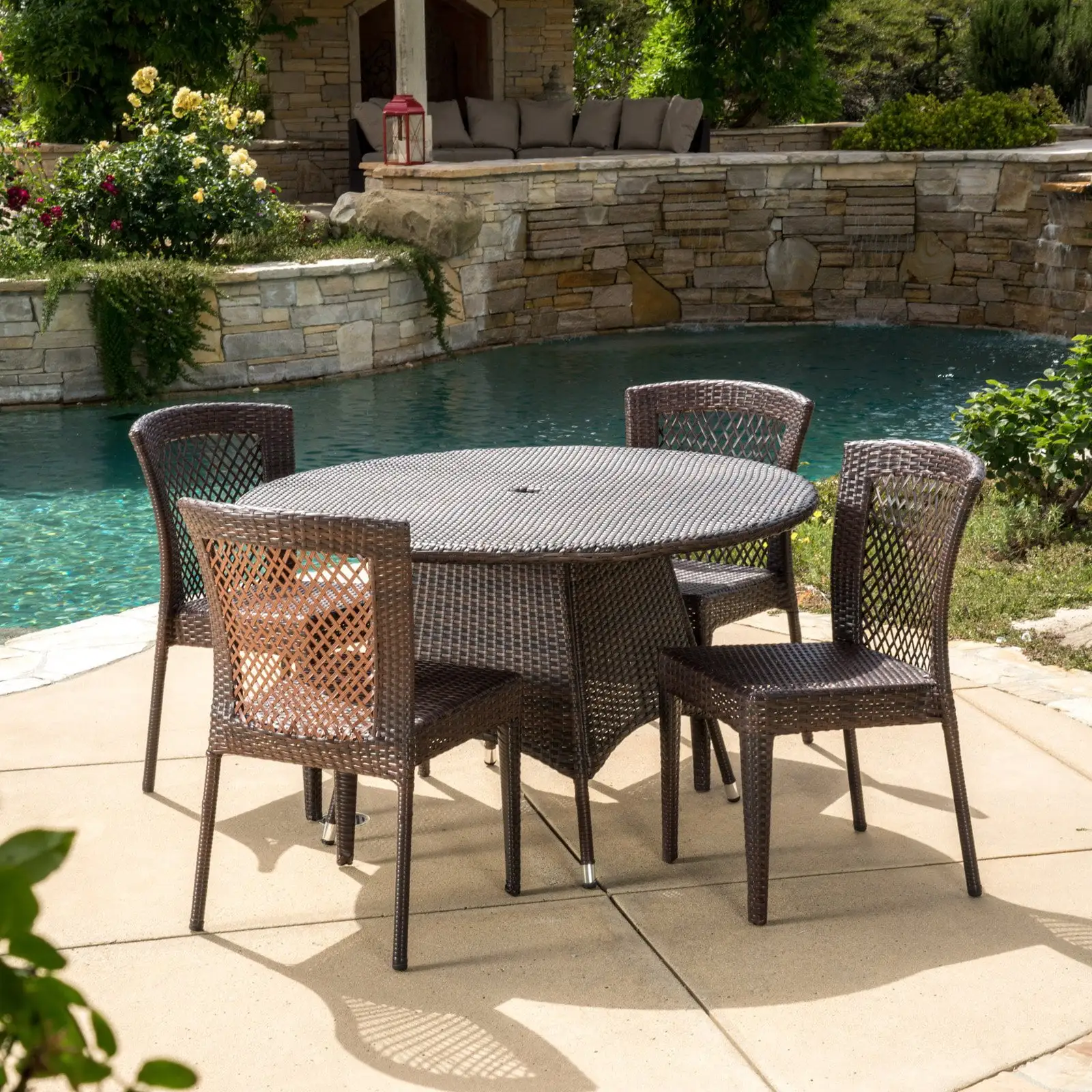 Celia Wicker 5 Piece Round Patio Dining Set - Brown