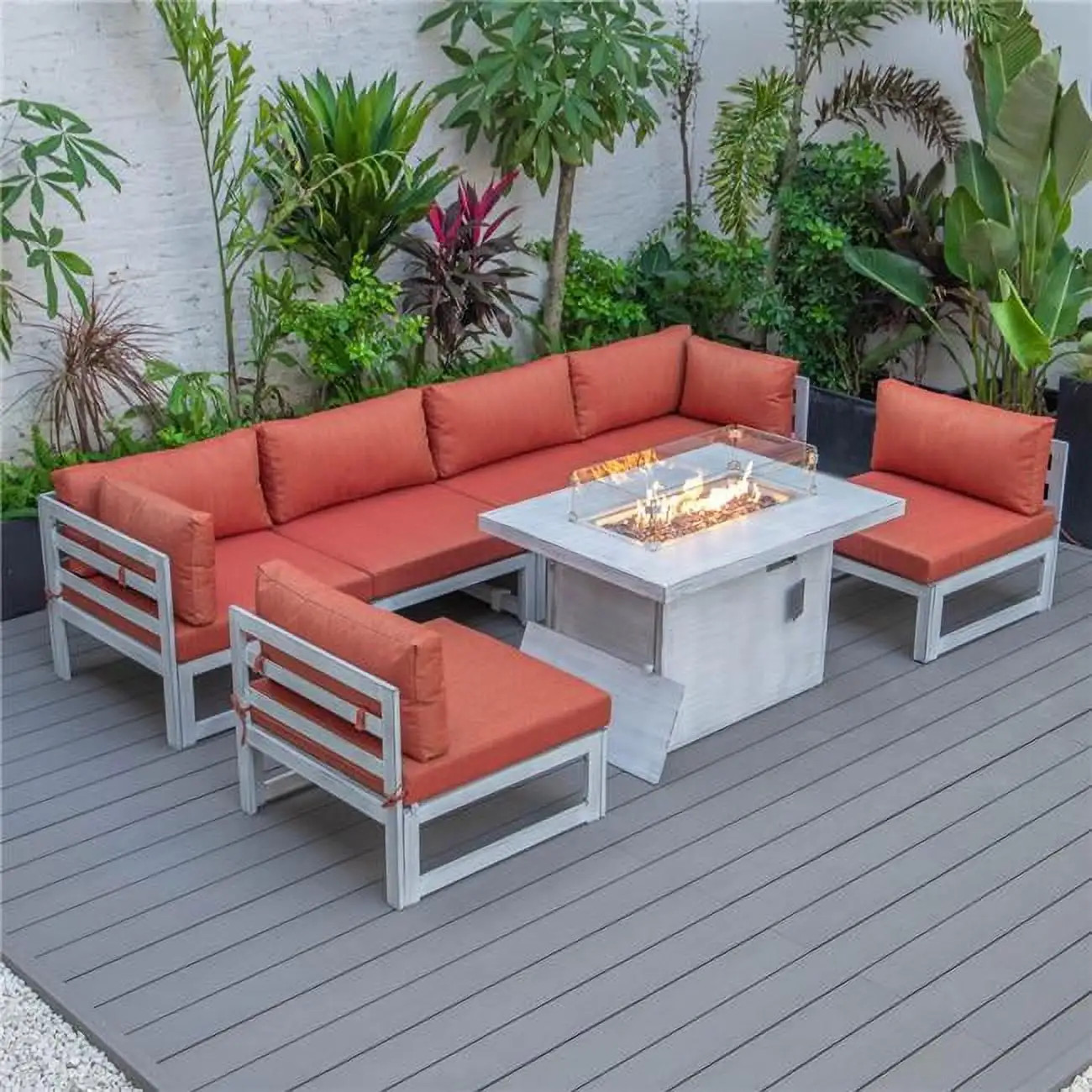 Chelsea Patio Sectional & Fire Pit Table for Weathered Grey Aluminum with Cushions. Orange - 7 Piece