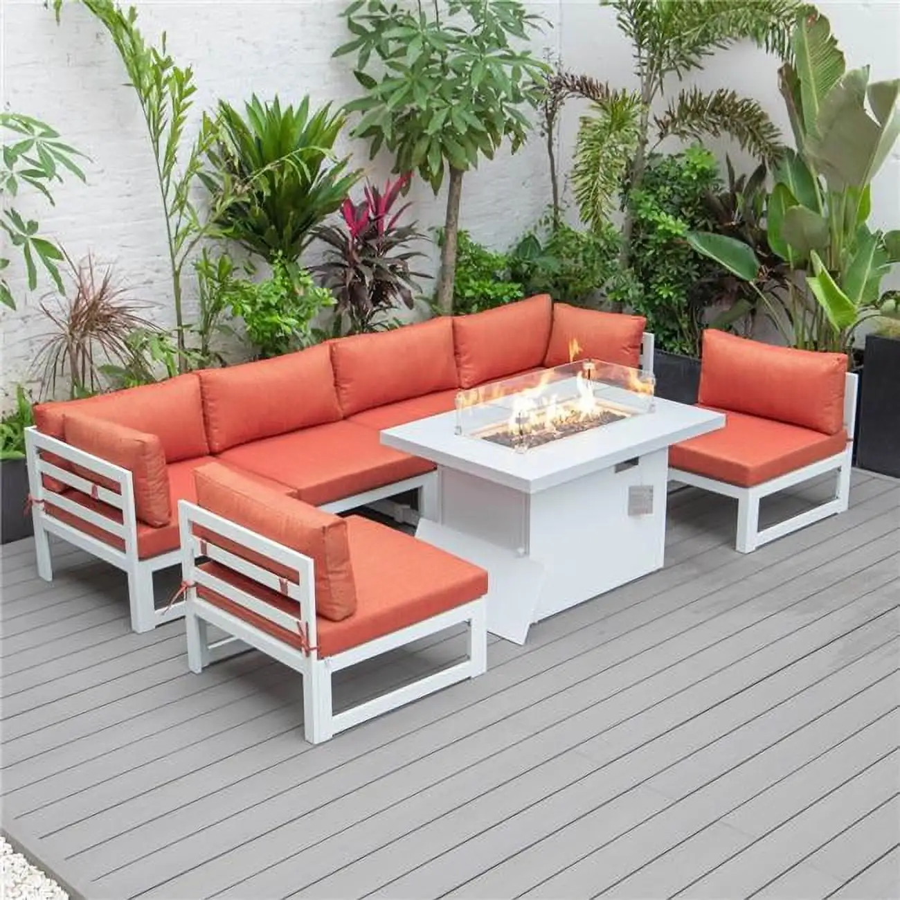 Chelsea Patio Sectional & Fire Pit Table for White Aluminum with Cushions, Orange - 7 Piece