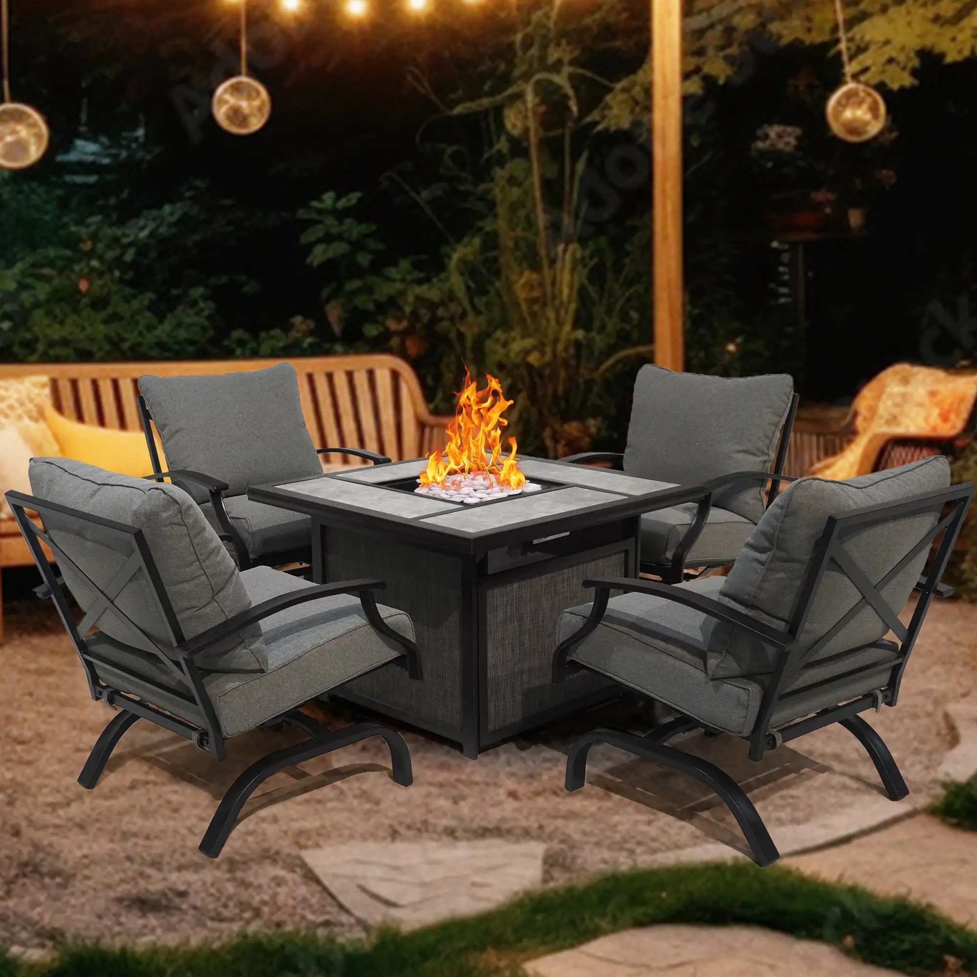 Chery Industrial 5 Pieces Patio Gas Fire Pit Set. a Fire Pit Table with Lid Pit & 4 Pieces Outdoor Motion Chairs with Cushion for Yard