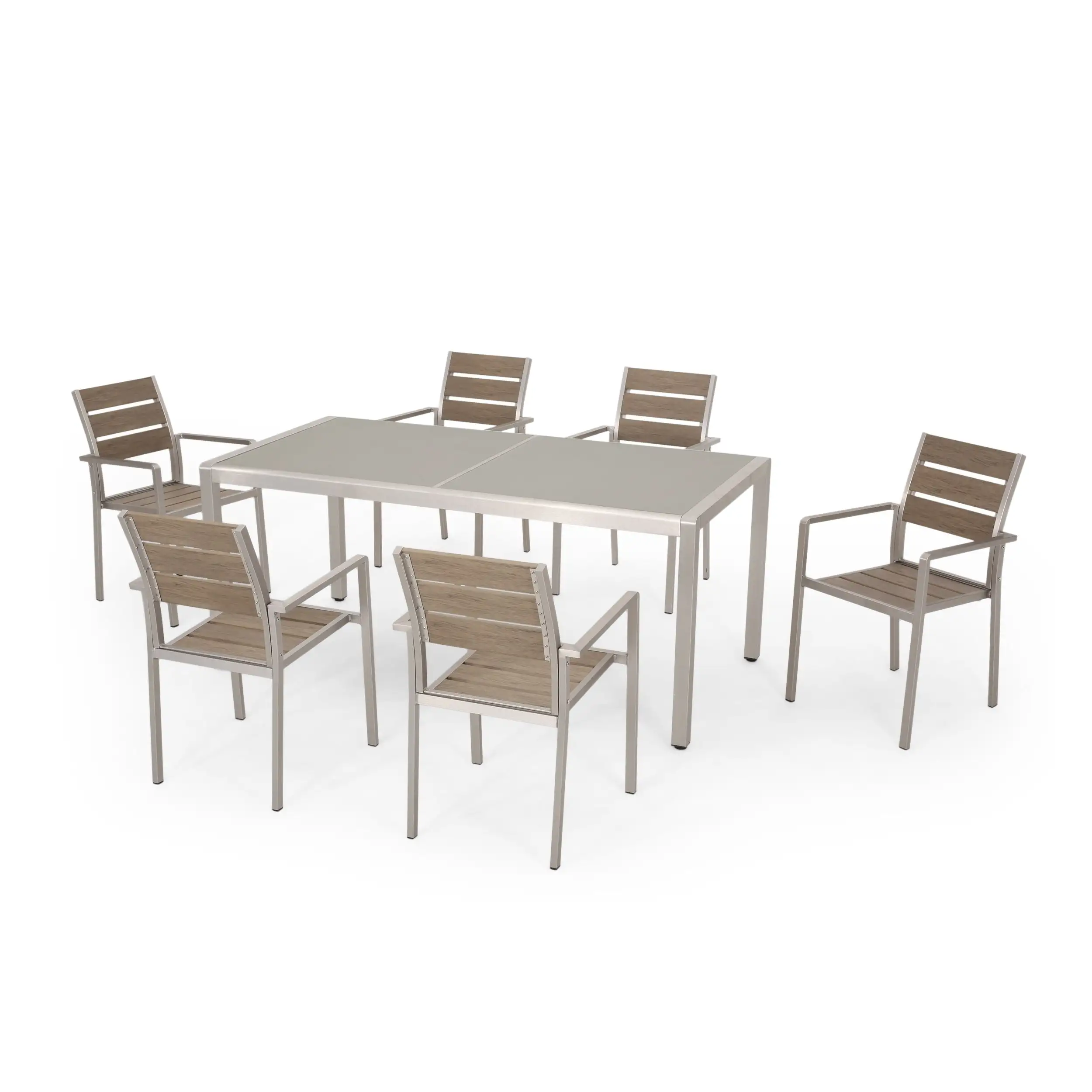 Christopher Knight Home Cape Coral Outdoor Modern 6 Seater Aluminum Dining Set with Tempered Glass Table Top by Gray+Natural+Silver