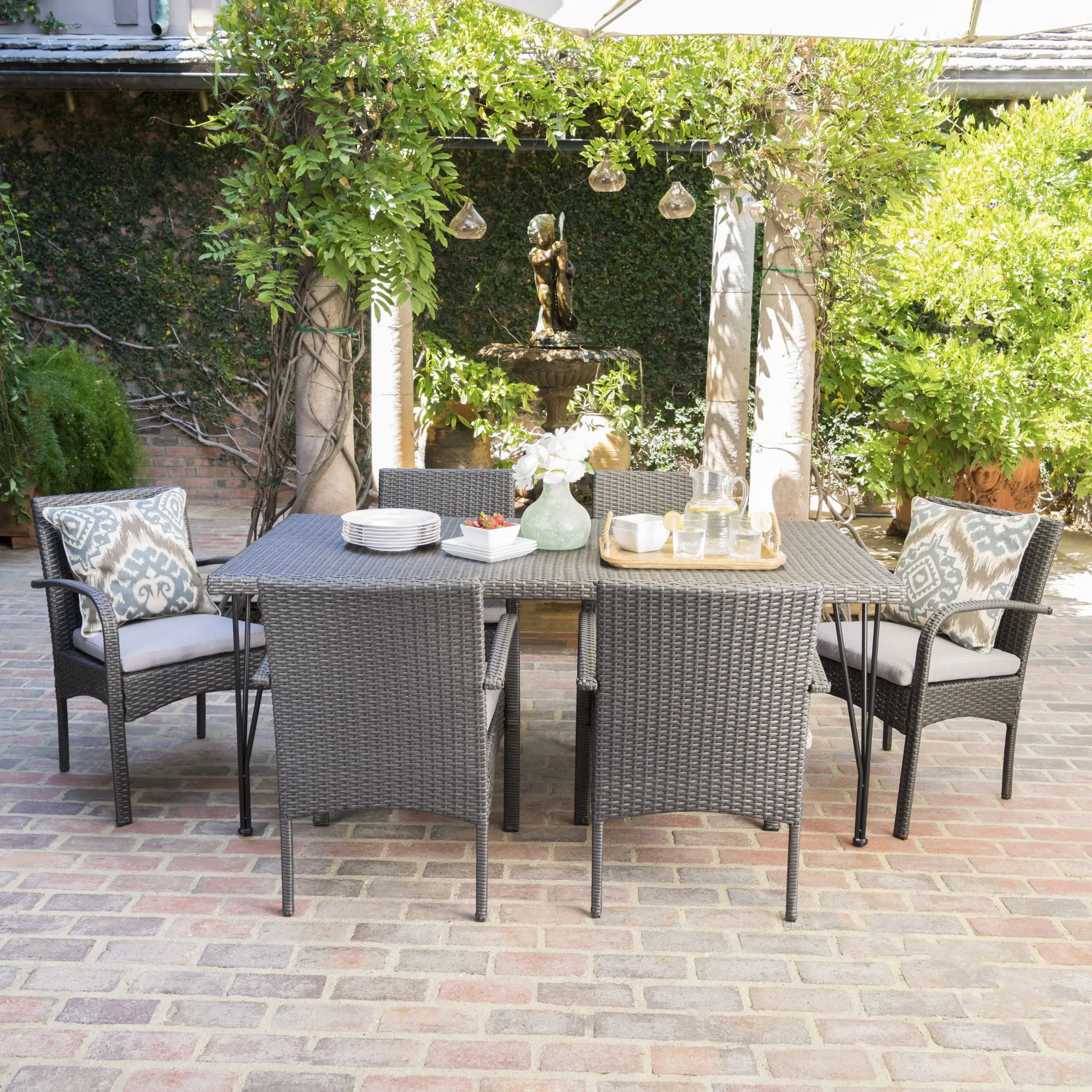 Christopher Knight Home Karina Outdoor 7-Piece Rectangle Wicker Dining Set with Cushions by