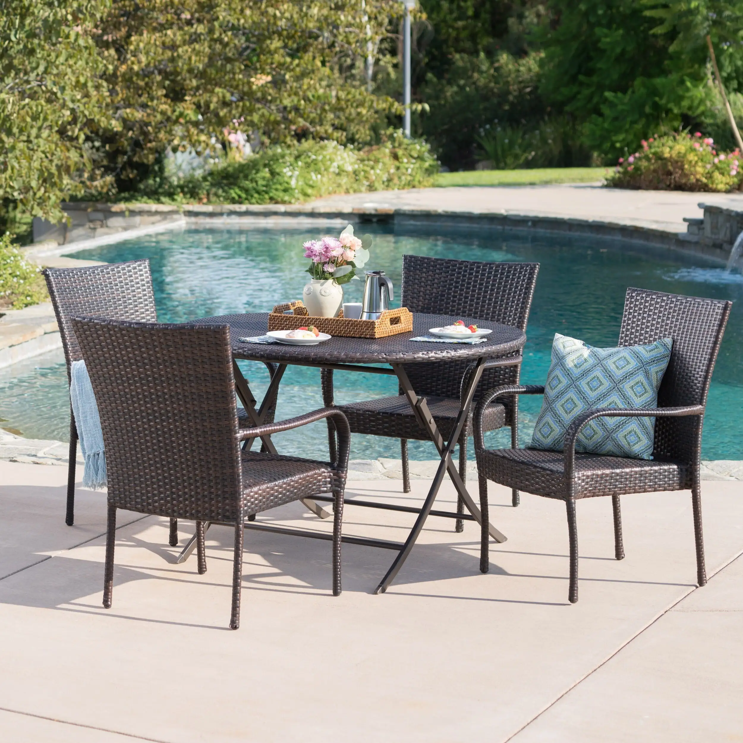 Christopher Knight Home Remy Outdoor 5-Piece Round Foldable Wicker Dining Set with Umbrella Hole by