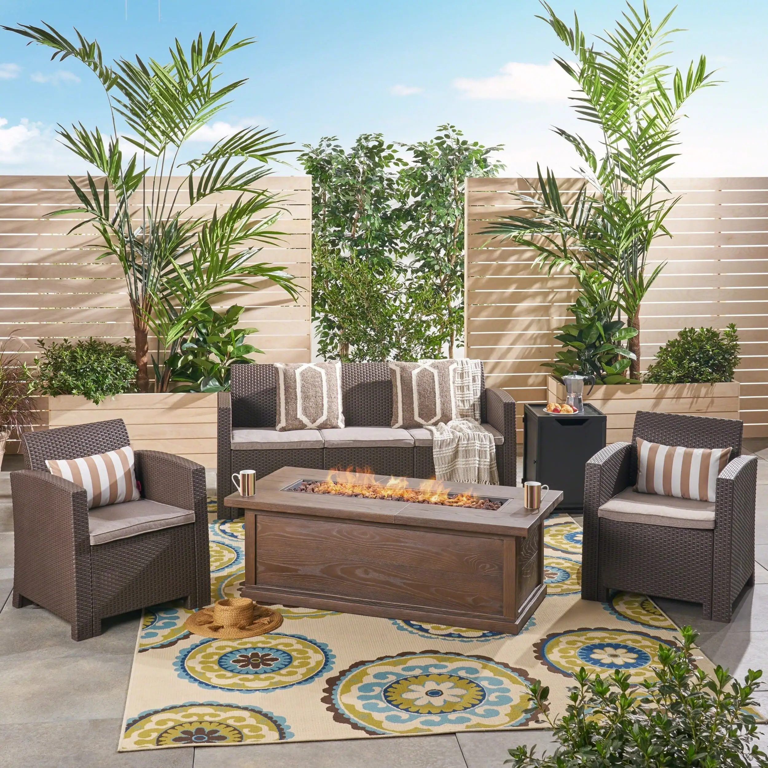 Christopher Knight Home St. John's Outdoor 5-seater Wicker Fire Pit Chat Set by brown + black + mixed biege cushion