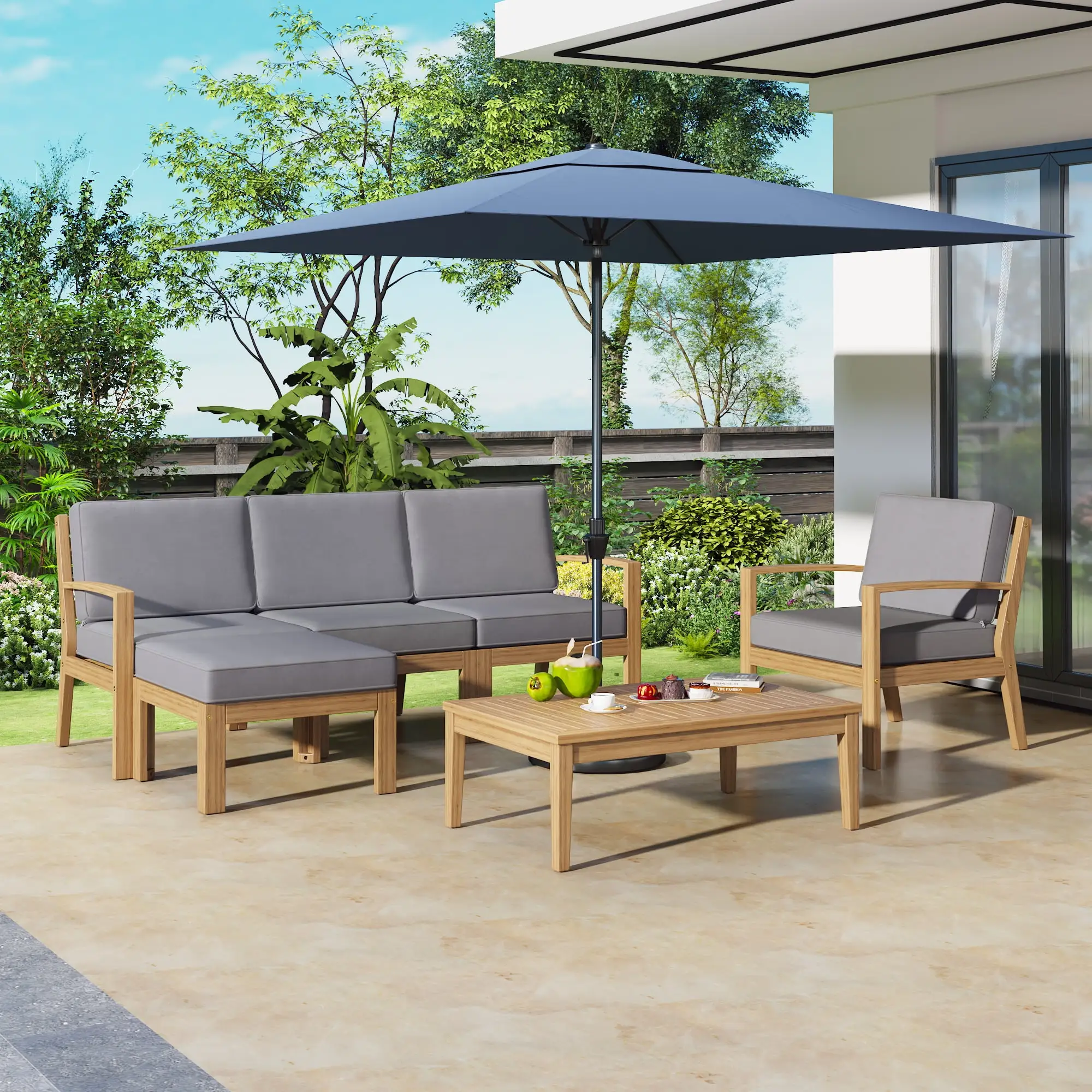 Churanty 6 Piece Outdoor Sectional Sofa Set. Acacia Wood Frame Patio Sectional Sofa Set with Coffee Table and Removable Cushion & Multi-Functional Ottoman for Garden Backyard Patio and Poolside.Grey