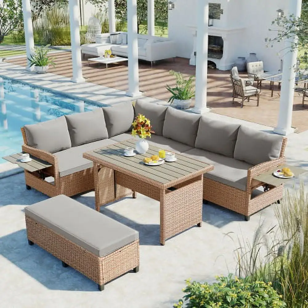 Churanty Patio Rattan L-Shaped Sofa Set. Outdoor Sectional PE Wicker Set with Extendable Side Tables Dining Table and Cushion for Backyard Graden. Brown