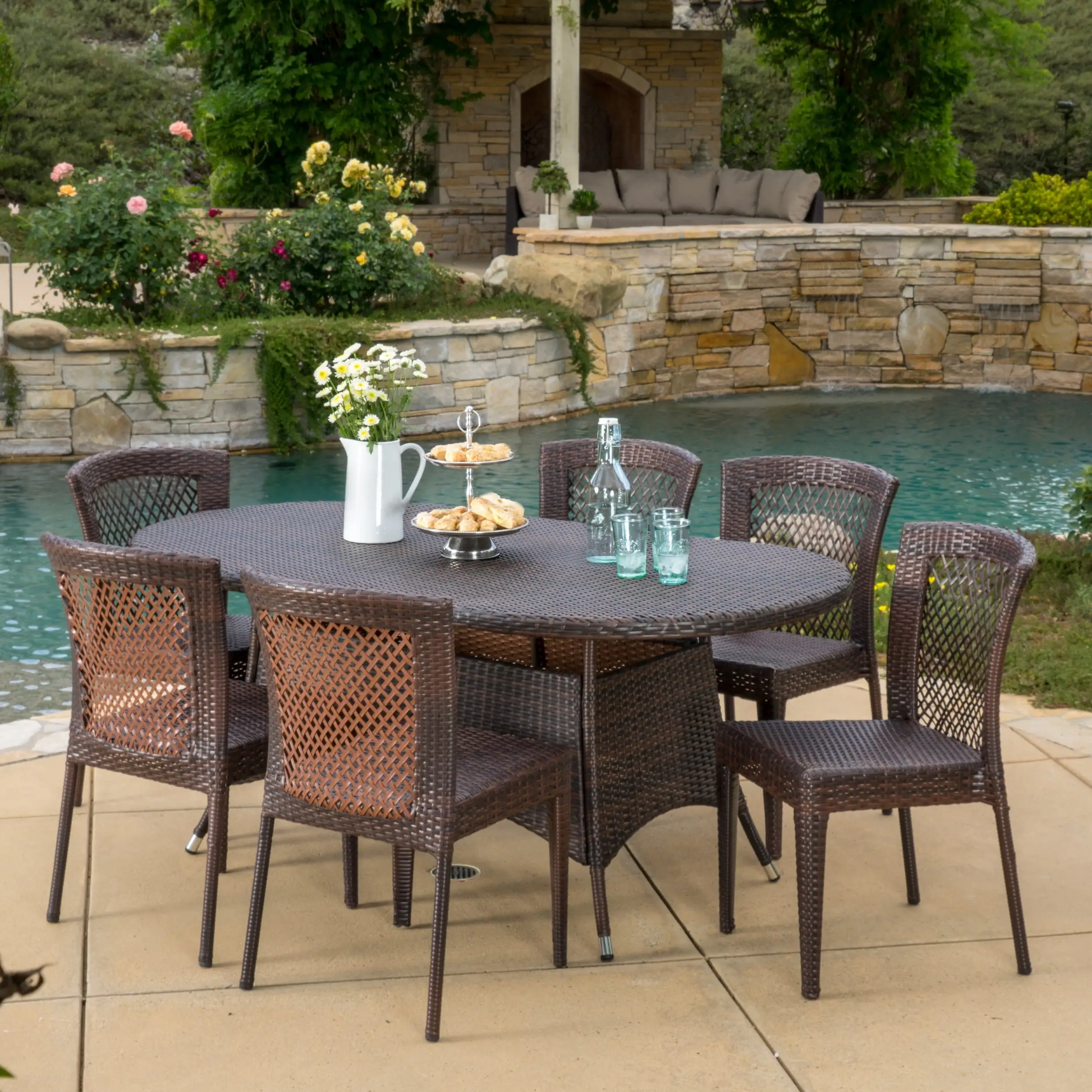 Cisneros 7 Piece Oblong Wicker Dining Set. Multibrown