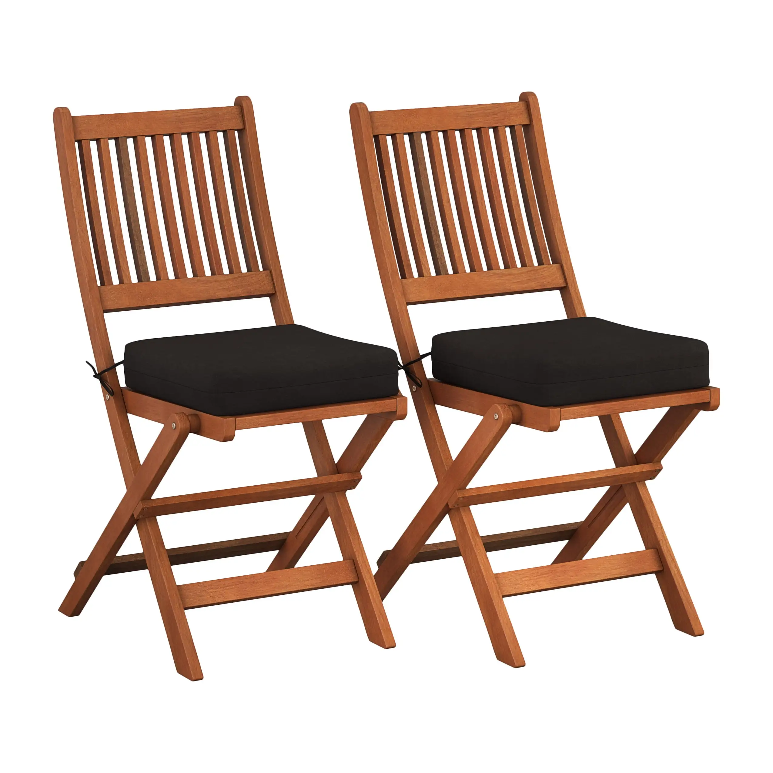 CorLiving Miramar Brown Wood Patio Folding Chairs with Black Cushions - Set of 2