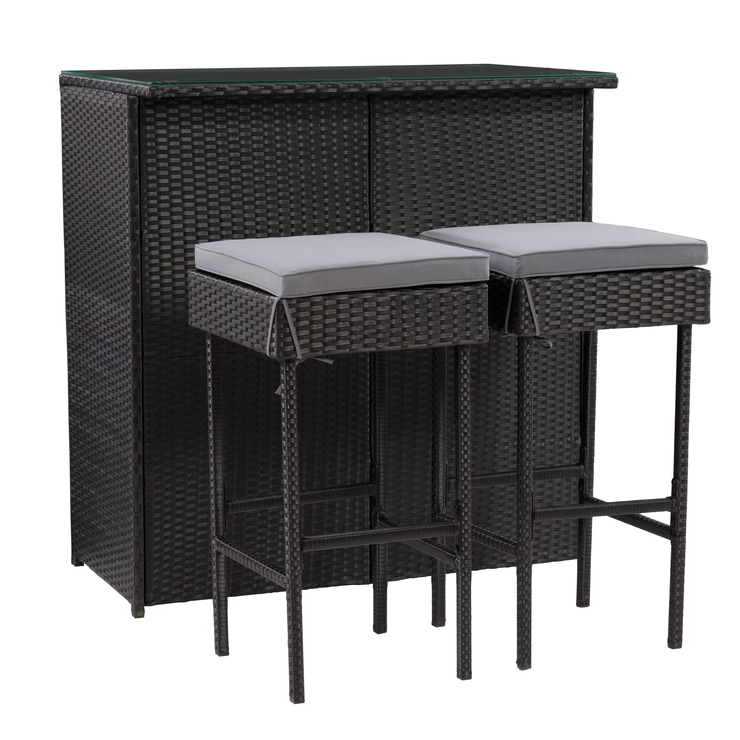 CorLiving Parksville 3-Piece Stylish and Durable Black Resin Wicker and Steel Patio Bar Set with Barstools with Grey Cushions