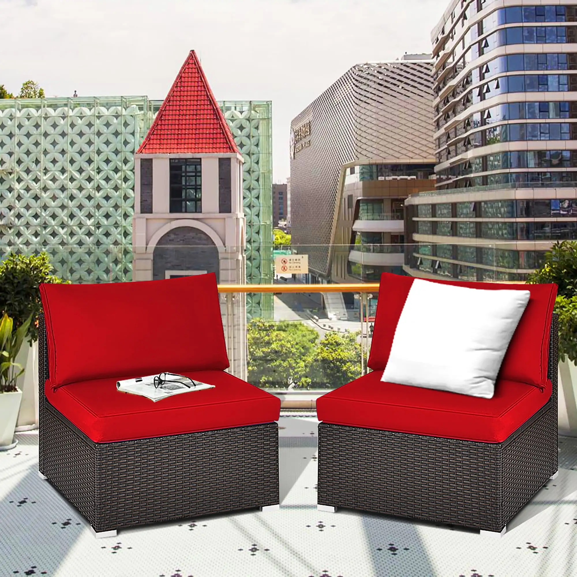 Costway 2PCS Patio Rattan Armless Sofa Sectional Conversation Furniture Set W/Cushion Red