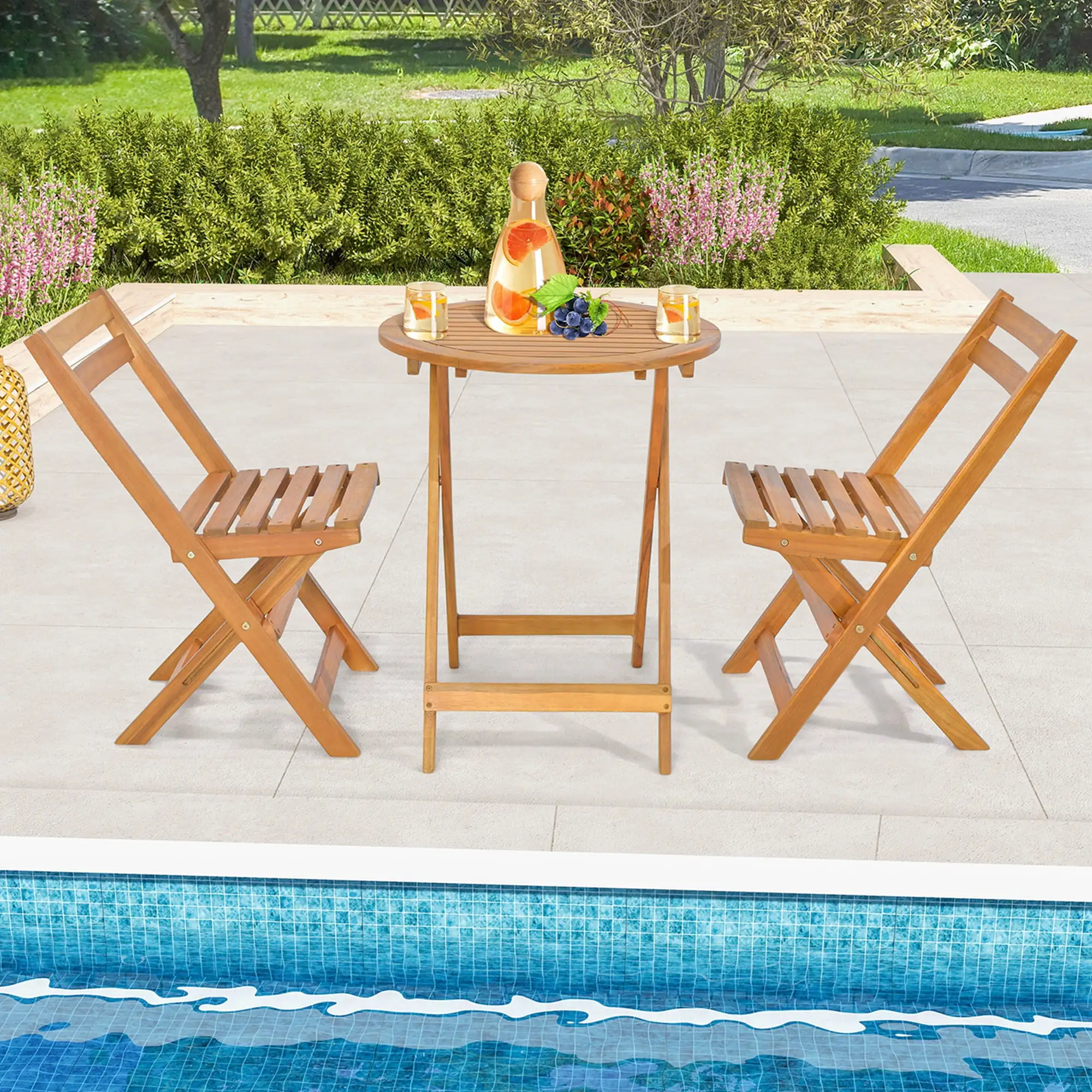 Costway 3 PCS Folding Patio Bistro Set Solid Acacia Wood Table & Chairs Slatted Tabletop