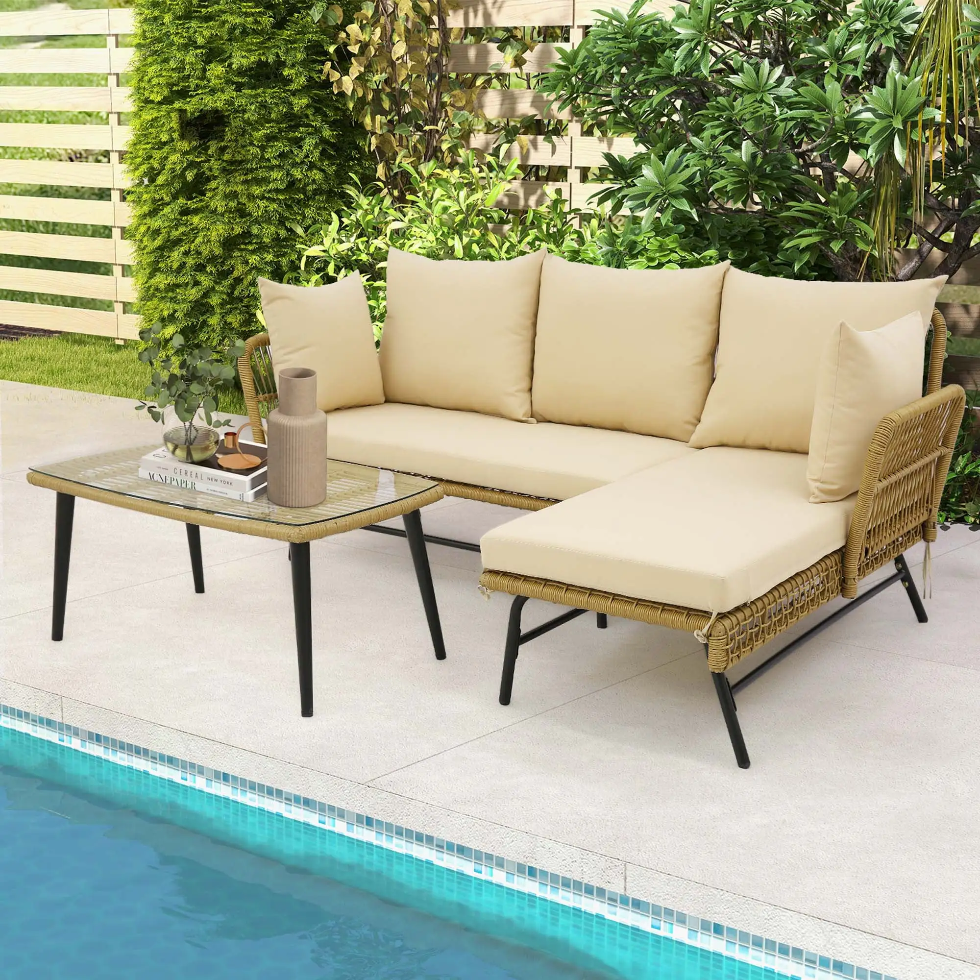 Costway 3 PCS L-Shaped Patio Sofa Set Conversation Furniture with Cushions Deck Garden Beige