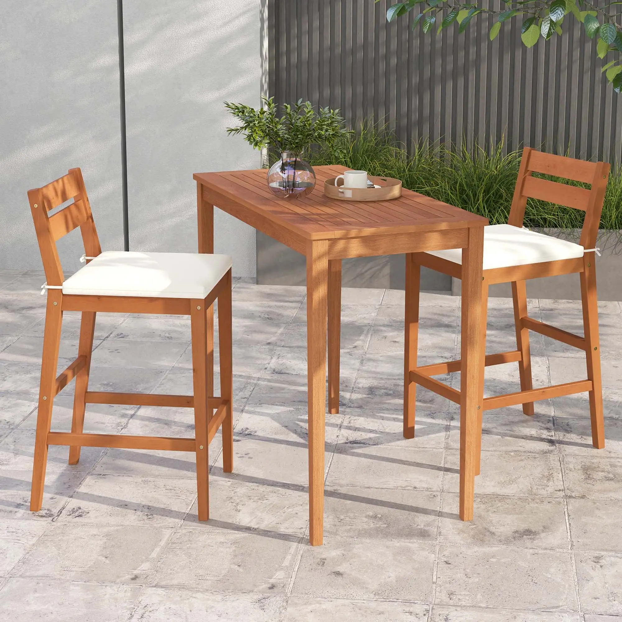 Costway 3 PCS Patio Eucalyptus Wood Bar Set Bar Height Dining Table & 2 Cushioned Chairs