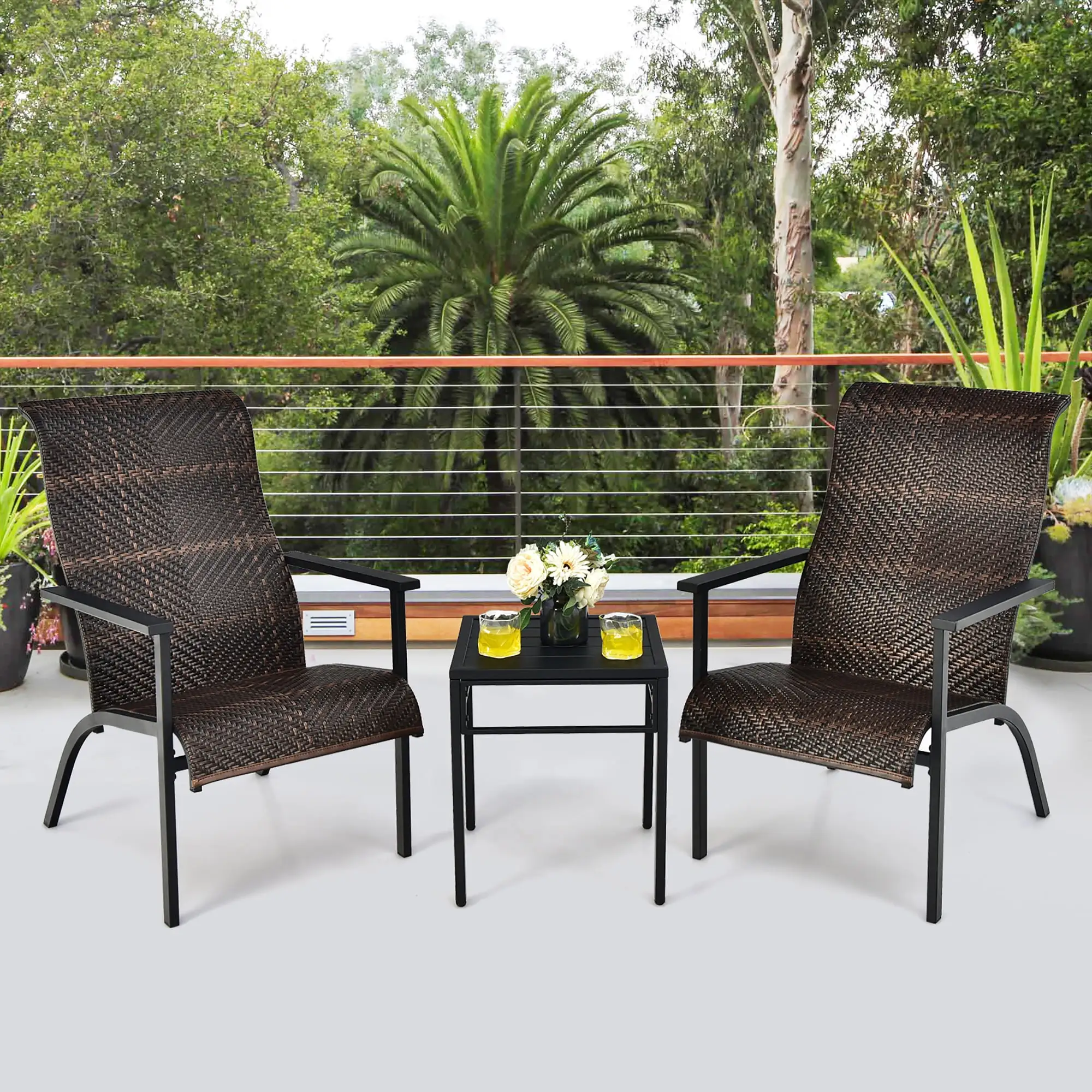 Costway 3 PCS Patio Rattan Bistro Set High Backrest Armrest SideTable Mix Brown