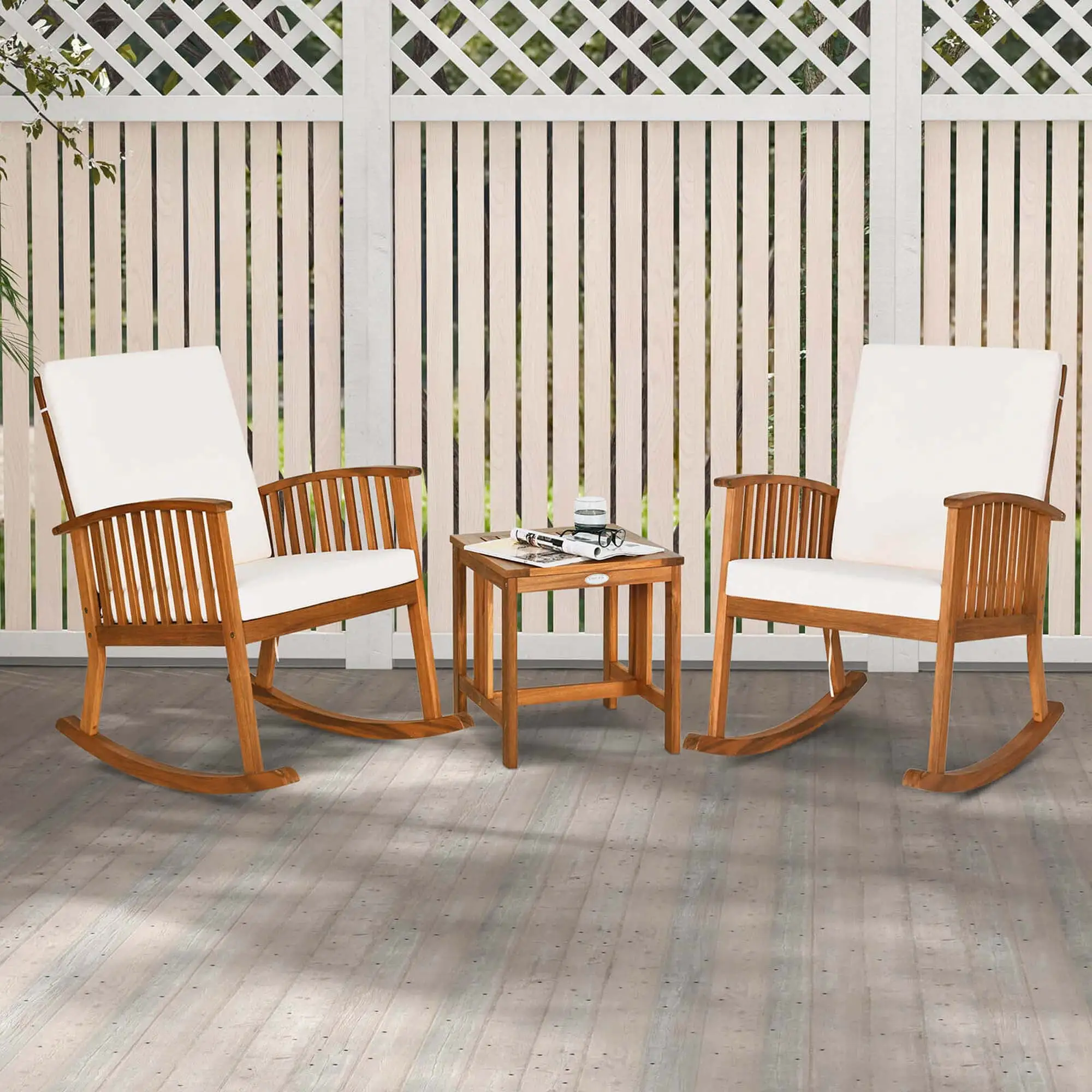 Costway 3 Pieces Acacia Wood Rocking Bistro Set with Coffee Table and Cushions for Lawn